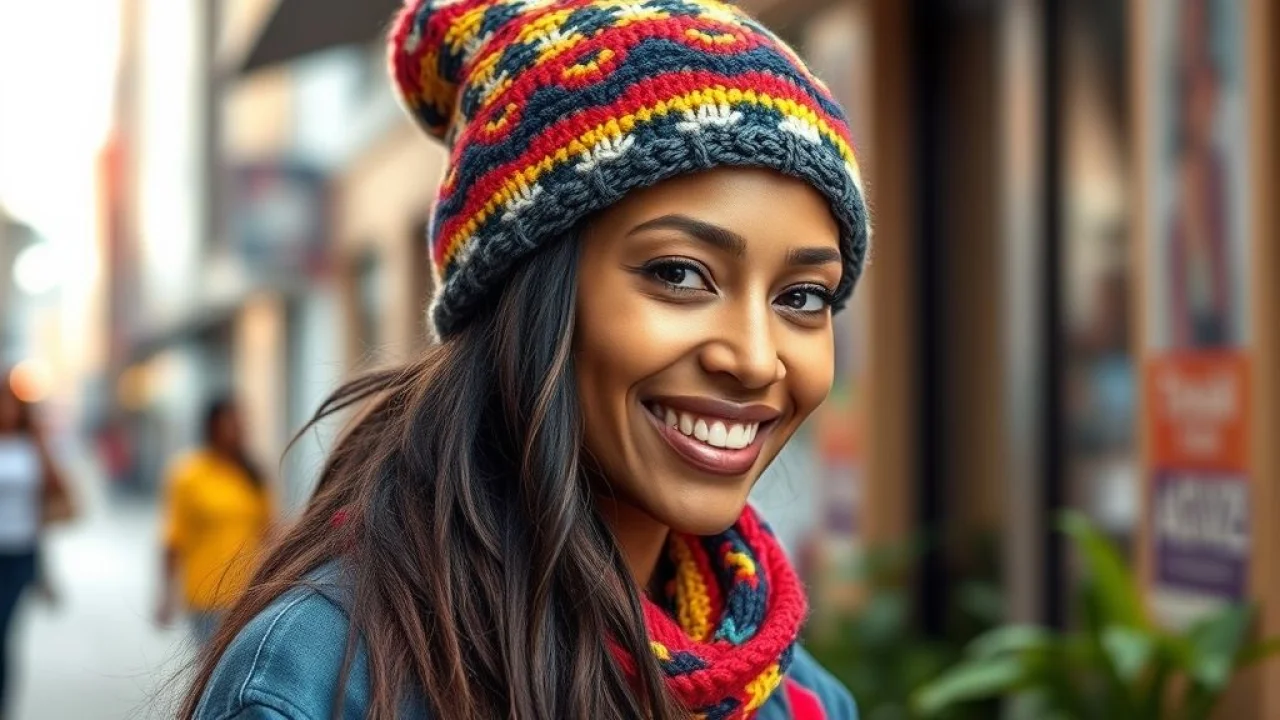 Mulher brasileira sorrindo usando touca colorida em cenário urbano vibrante.