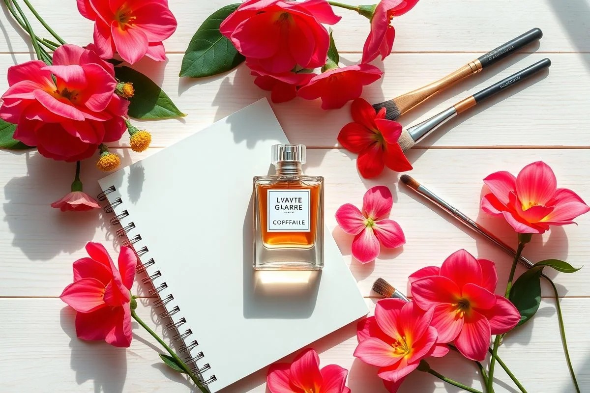 Perfume, flores, maquiagem e caderno em flat lay. Jornada do perfume ideal.