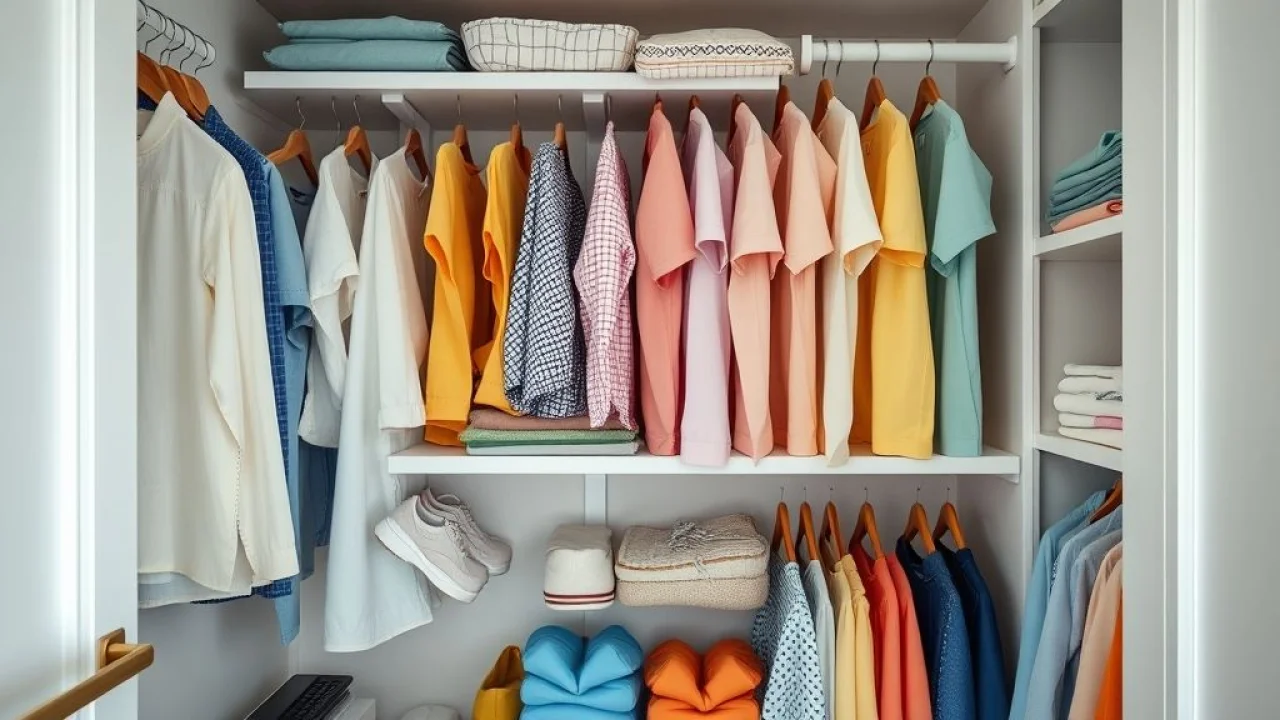 Roupas de verão leves e coloridas organizadas em prateleiras de armário.