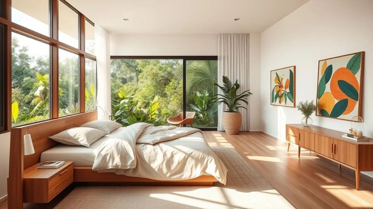 Quarto de casal moderno com cama king-size e decoração minimalista, estilo brasileiro.