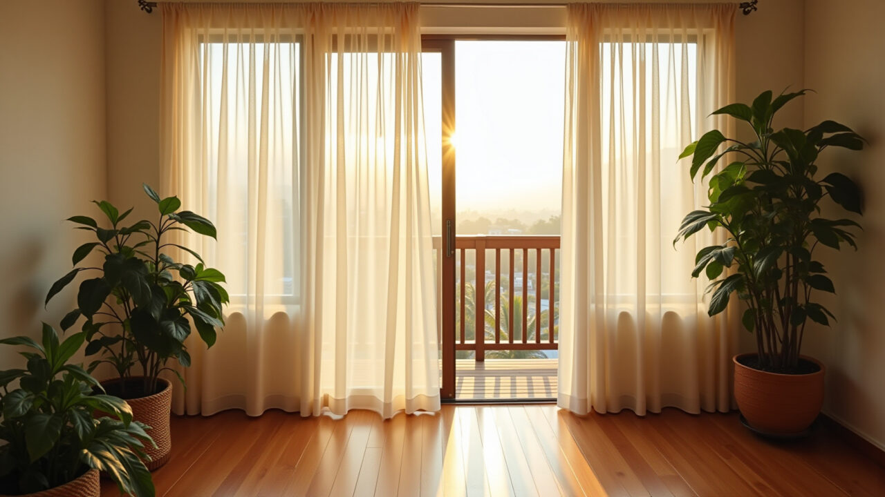 Quarto iluminado com cortinas claras e plantas.