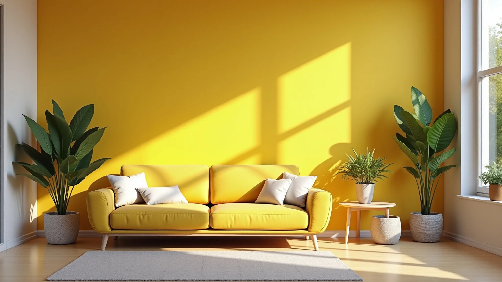 Sala de estar ensolarada com parede amarela, design brasileiro e iluminação natural vibrante.