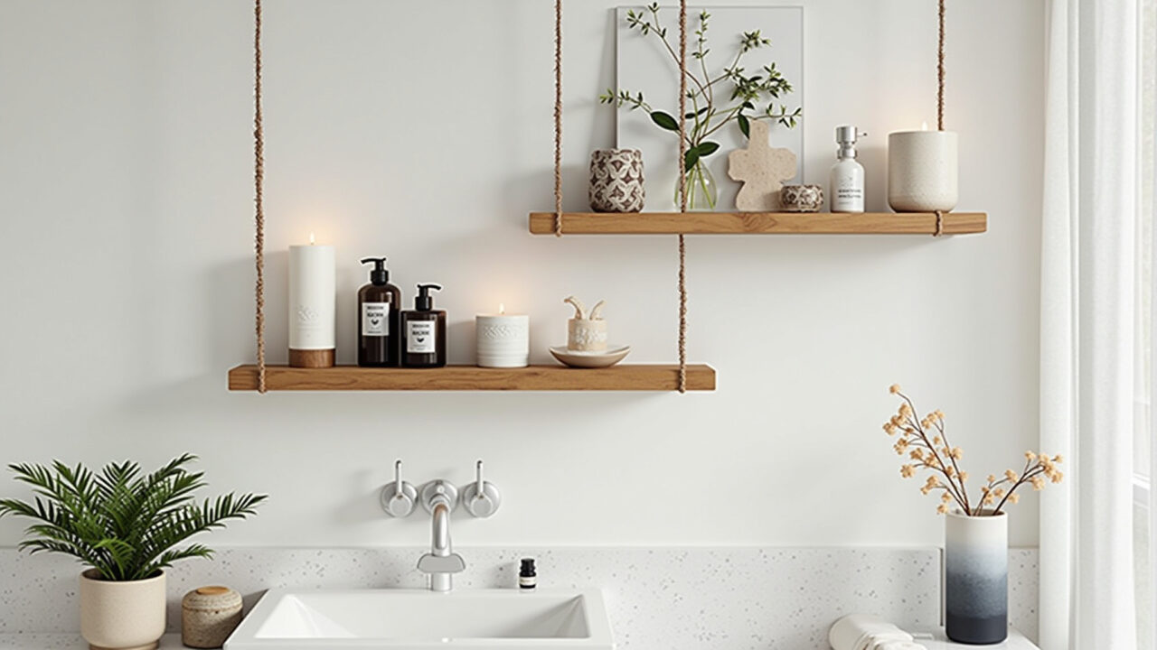 Prateleiras suspensas com perfumes e velas decorativas em banheiro moderno.