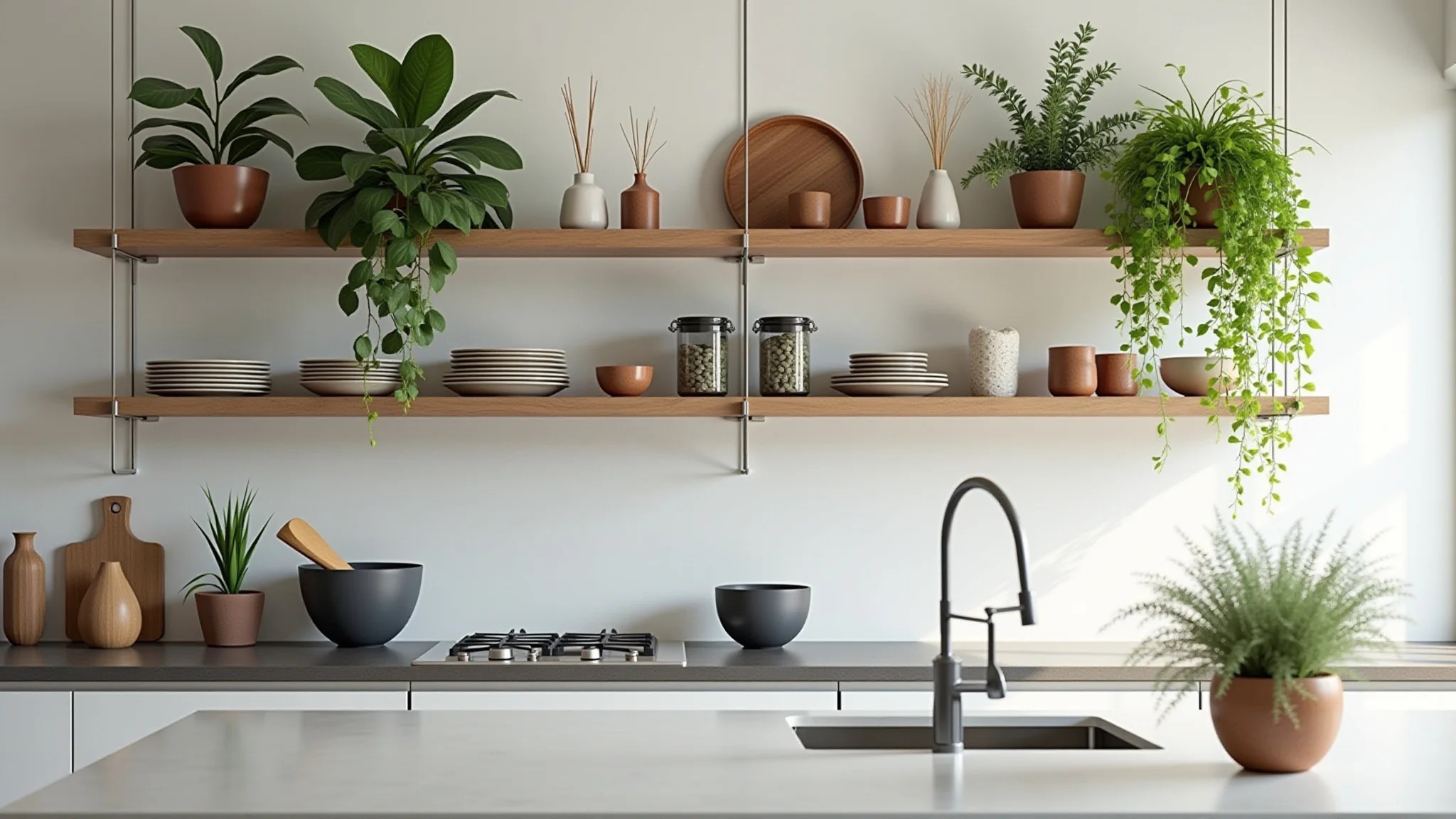 Prateleiras suspensas em cozinha com pé direito alto, decoradas com plantas e objetos.