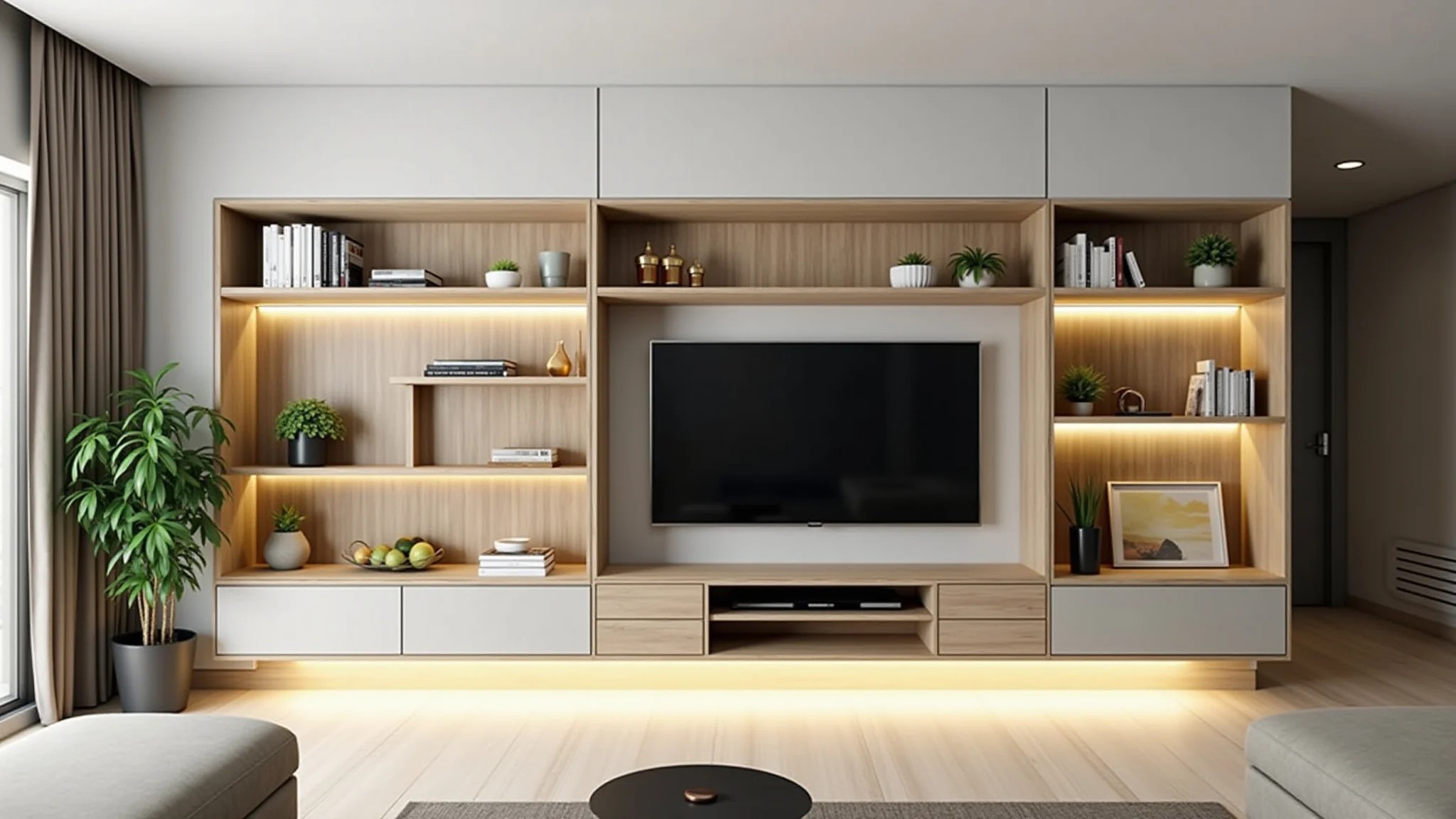 Painel de TV suspenso com nichos e prateleiras decoradas com plantas e objetos.