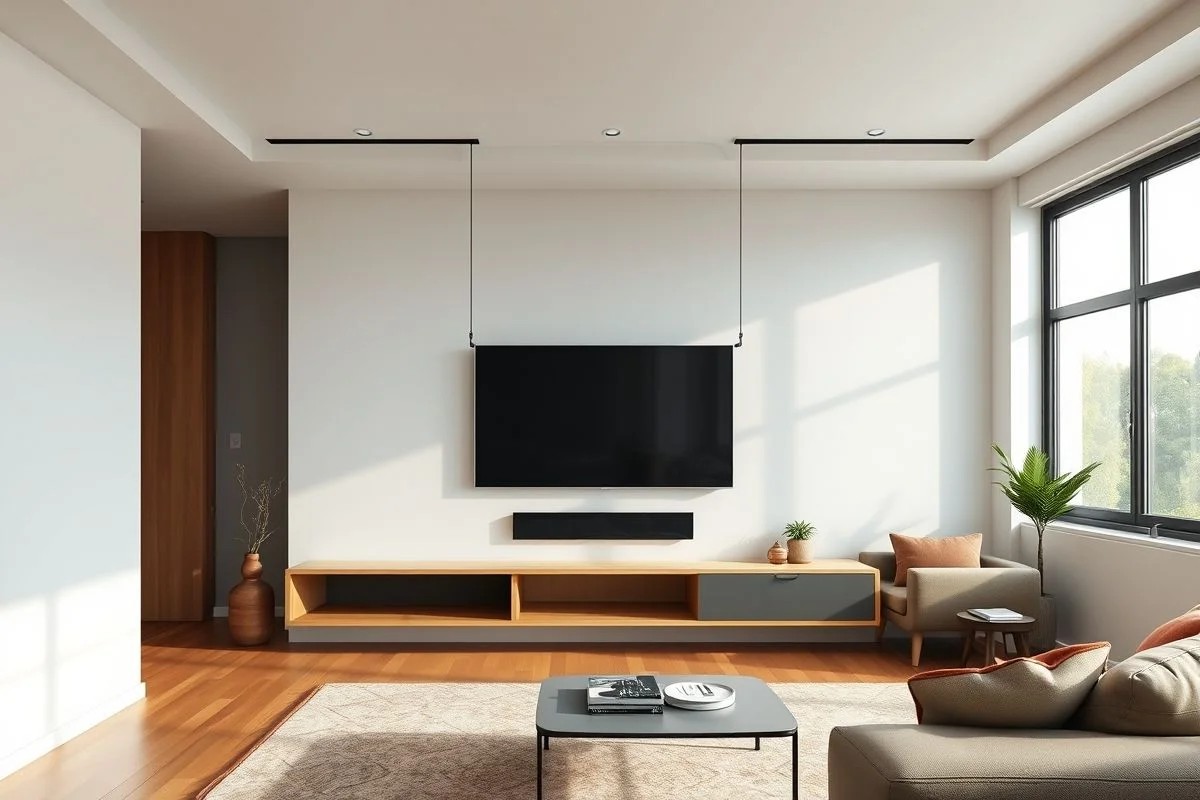 Rack suspenso para TV, sala moderna, otimização de espaço, design brasileiro.
