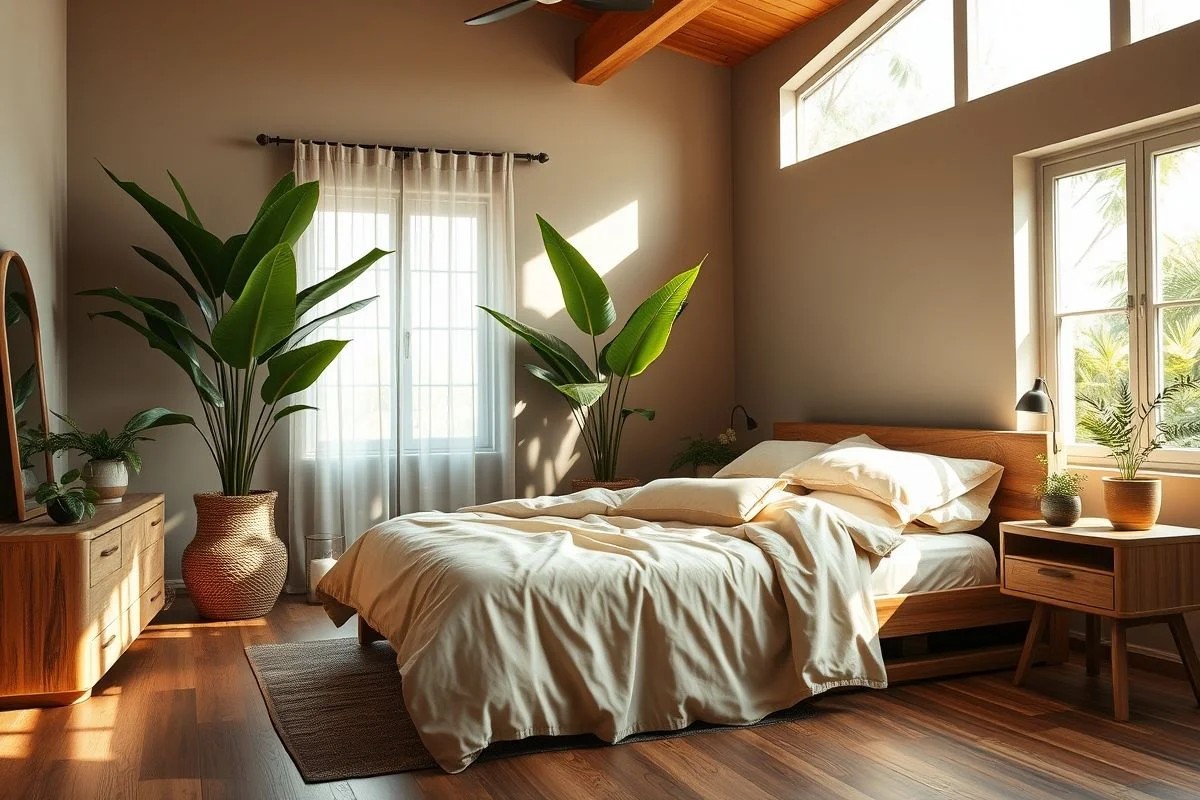 Quarto sustentável com móveis de madeira de demolição e tecidos naturais no Brasil.