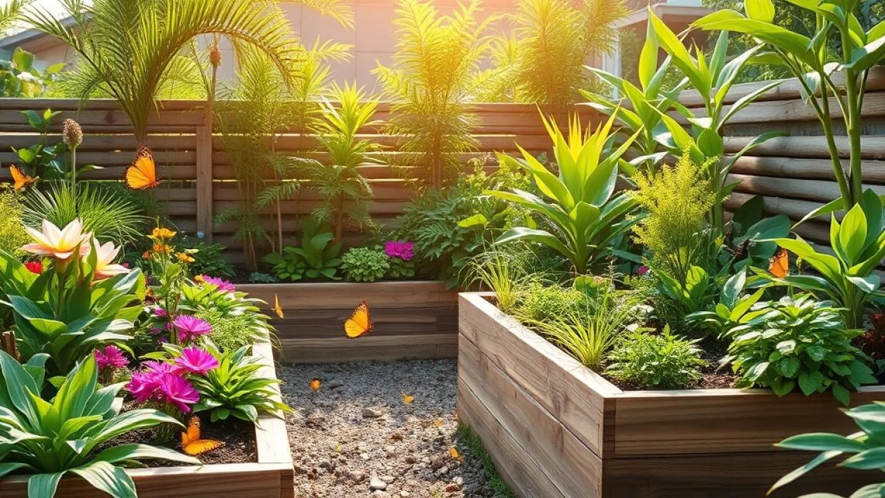 Jardim sustentável no Brasil com captação de água da chuva e plantas nativas.