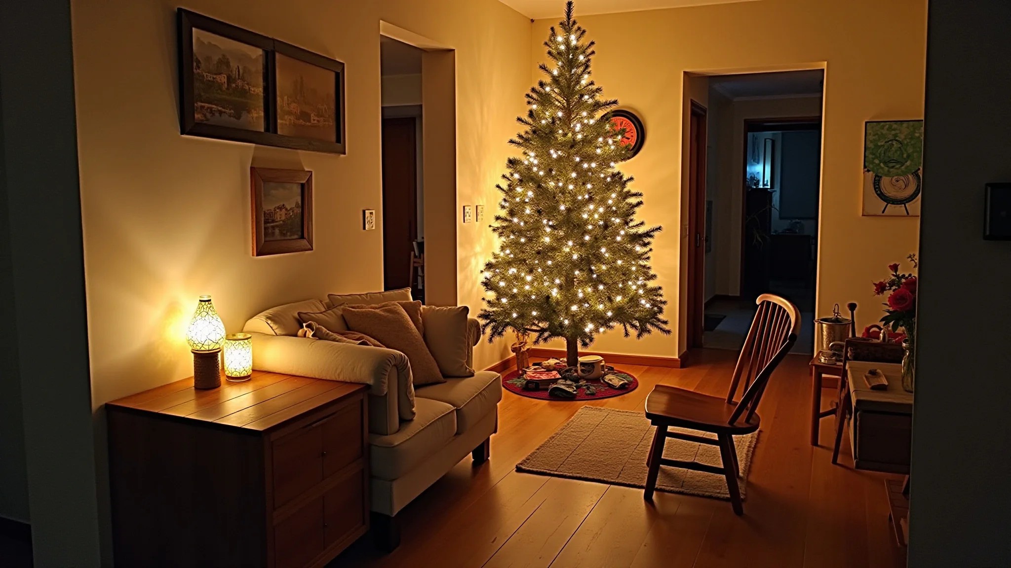 Decoração de Natal 2025 sustentável em casa brasileira, enfeites reciclados e iluminação aconchegante.