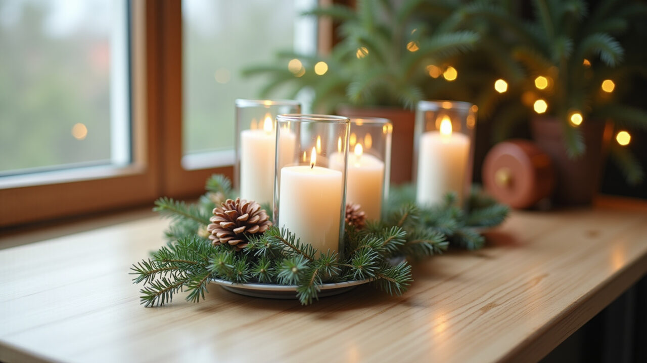Decoração de Natal sustentável com castiçais de vidro reciclado.