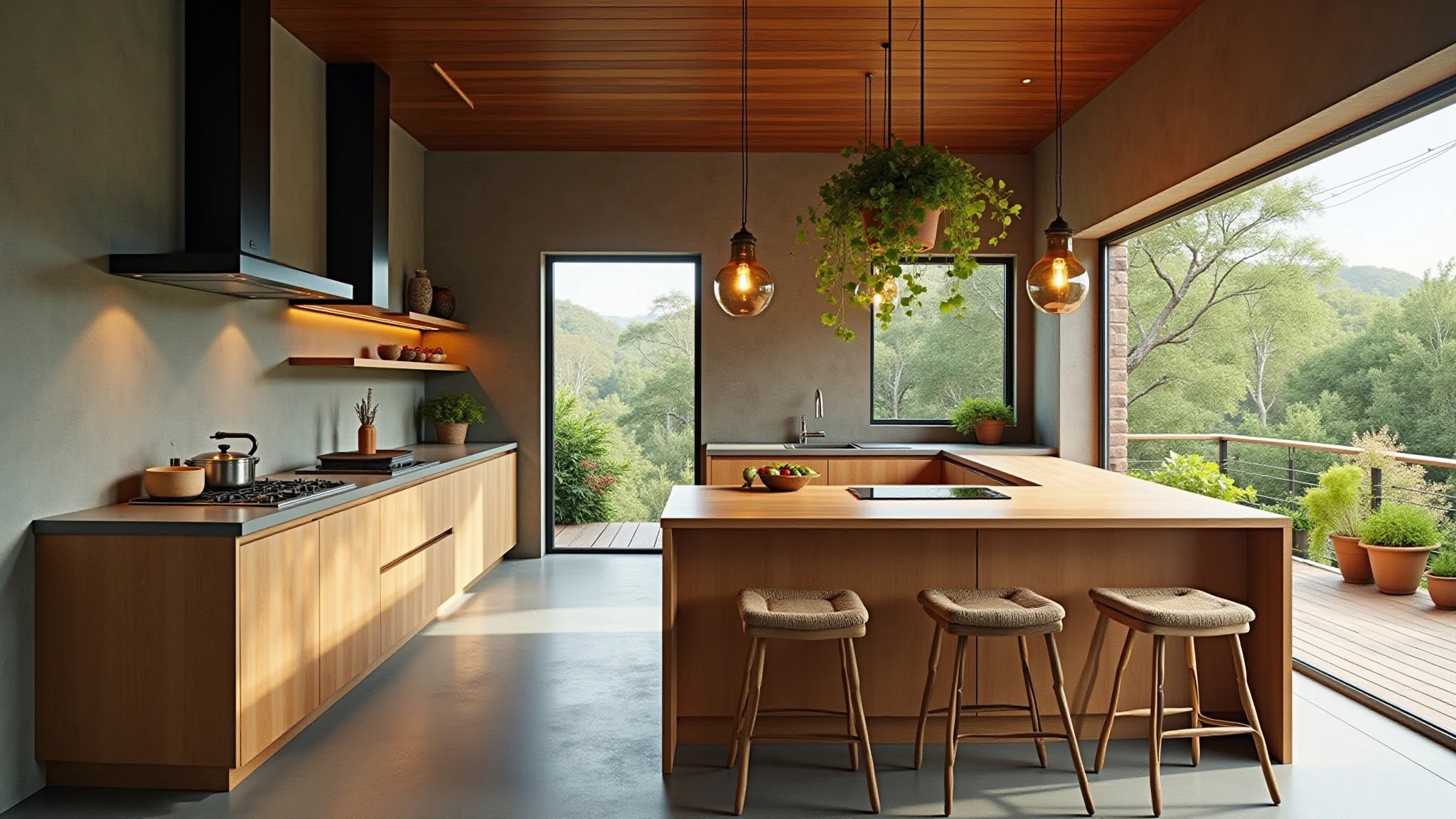 Cozinha sustentável com materiais reciclados e iluminação natural.