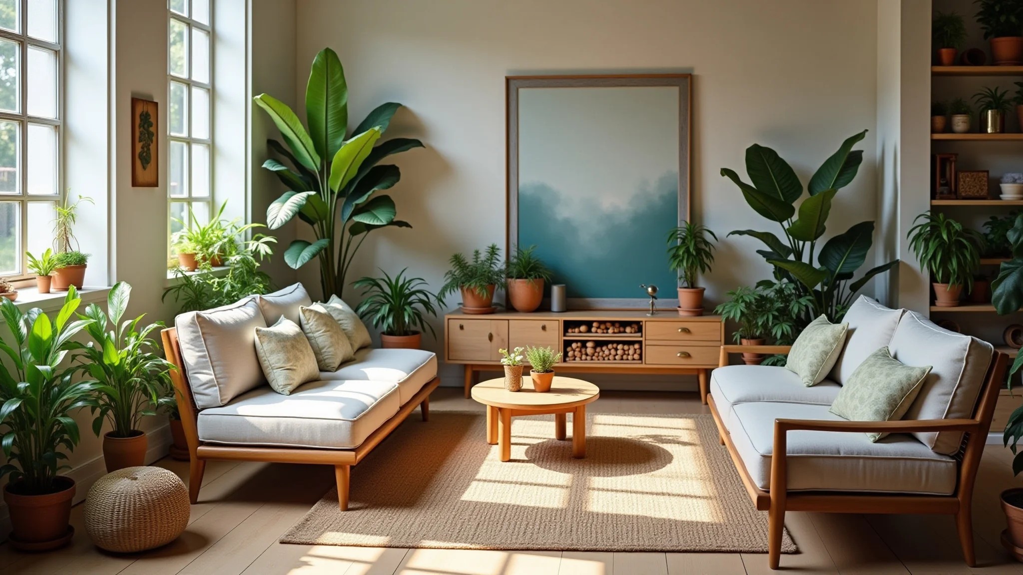 Sala de estar sustentável com móveis reciclados, tecidos orgânicos e plantas.