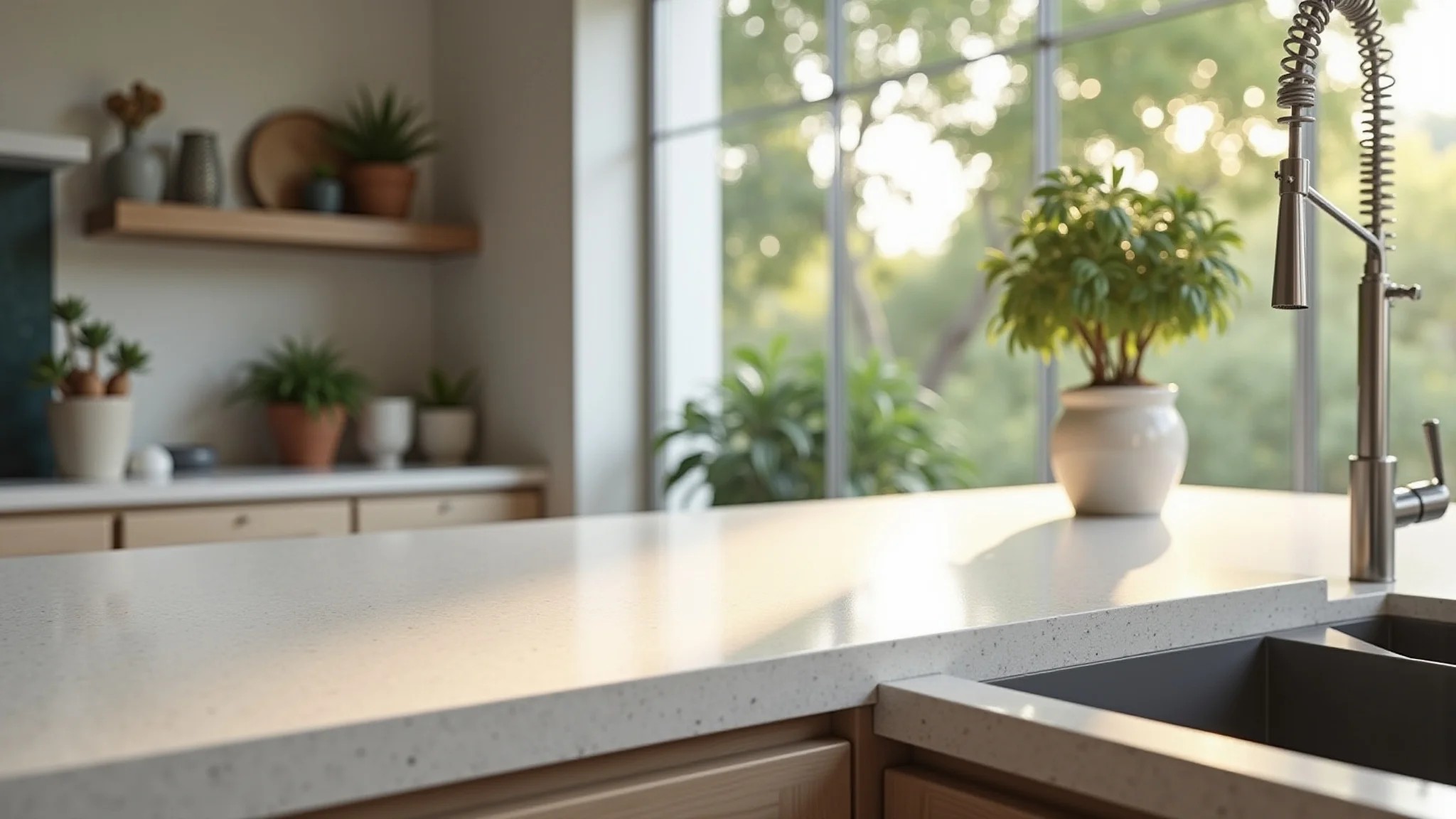 Cozinha brasileira com bancada de porcelanato sustentável, enfatizando a produção ecológica.