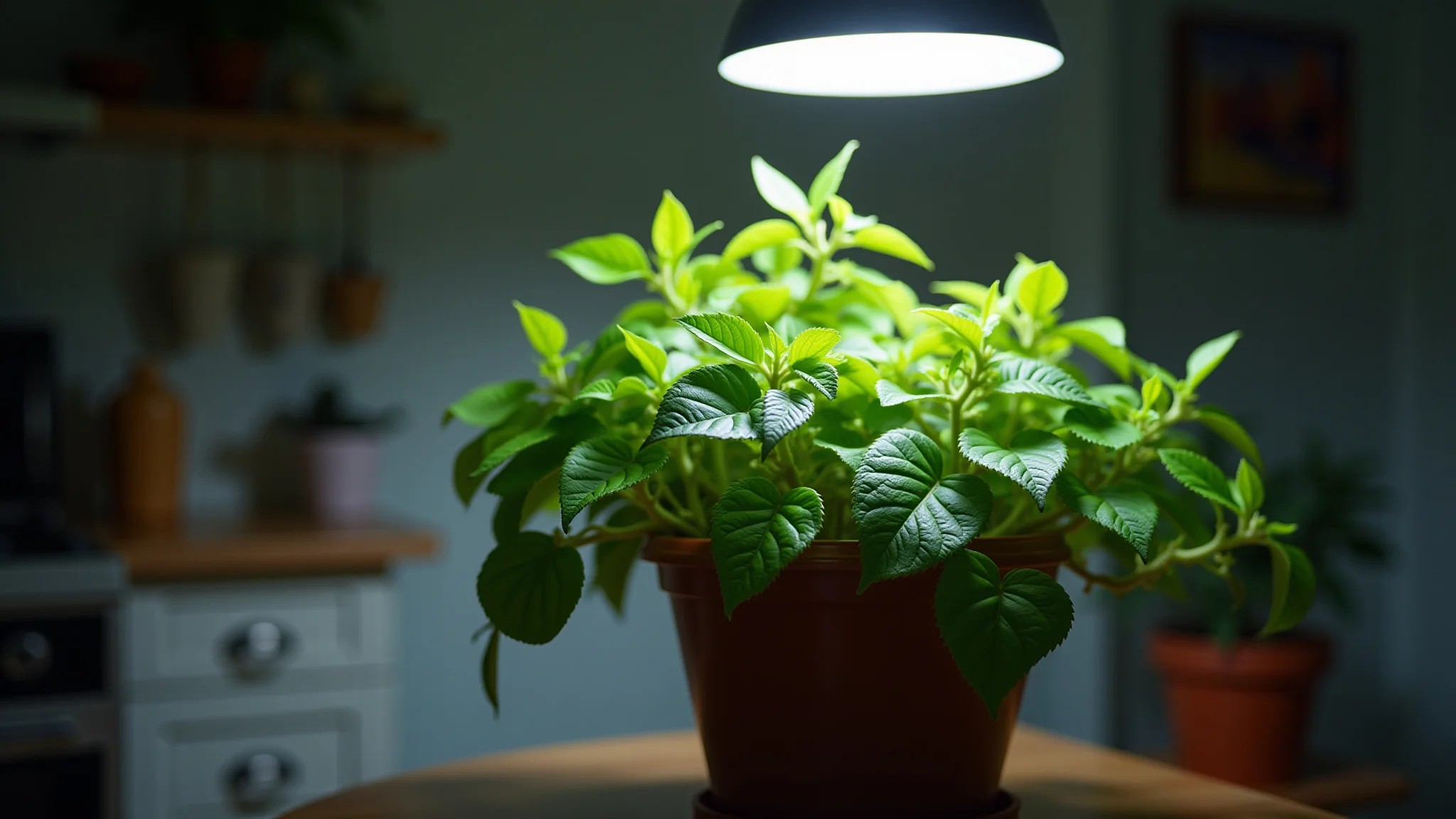 Singônio em cesto suspenso em cozinha com pouca luz, cores vibrantes.
