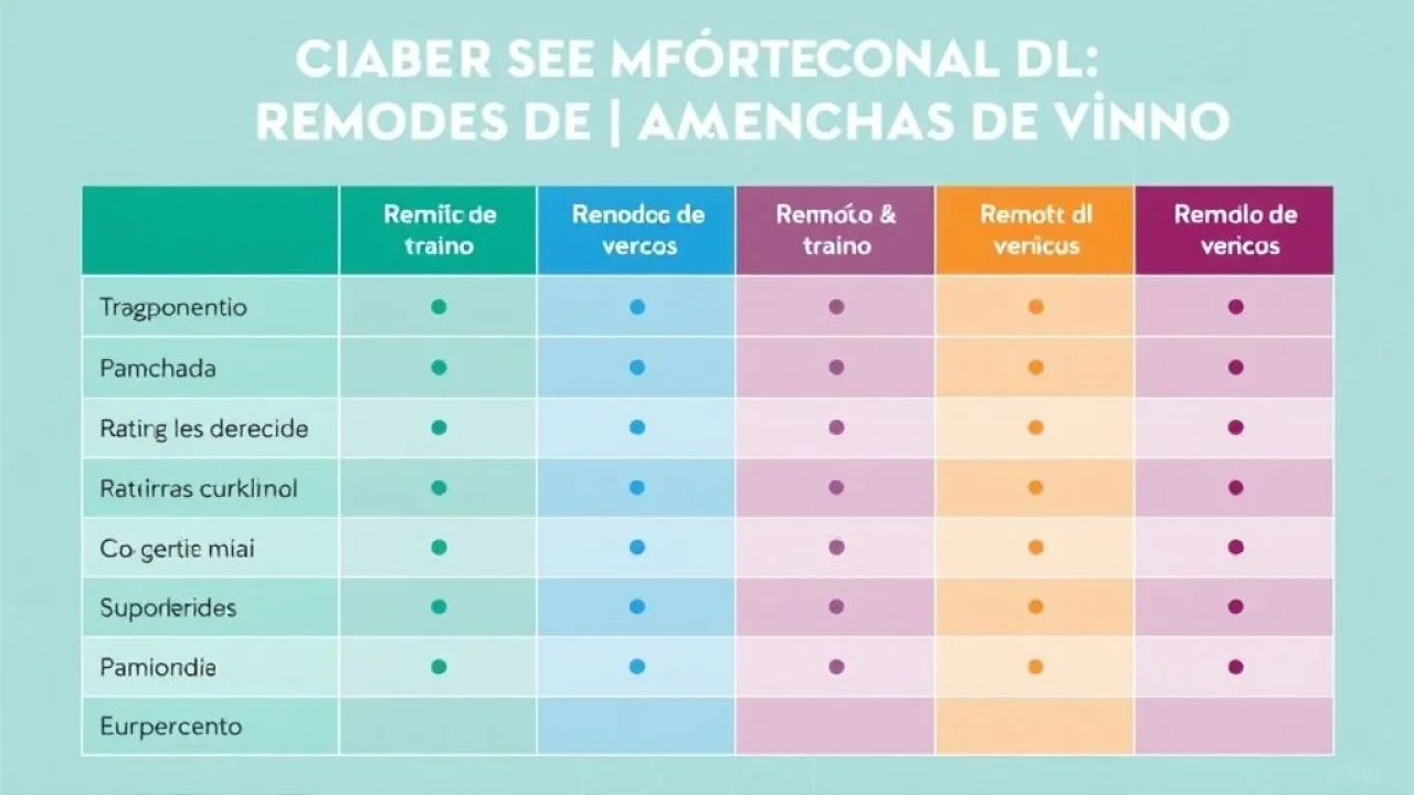 Tabela comparativa: métodos para tirar mancha de vinho; água, bicarbonato, vinagre.