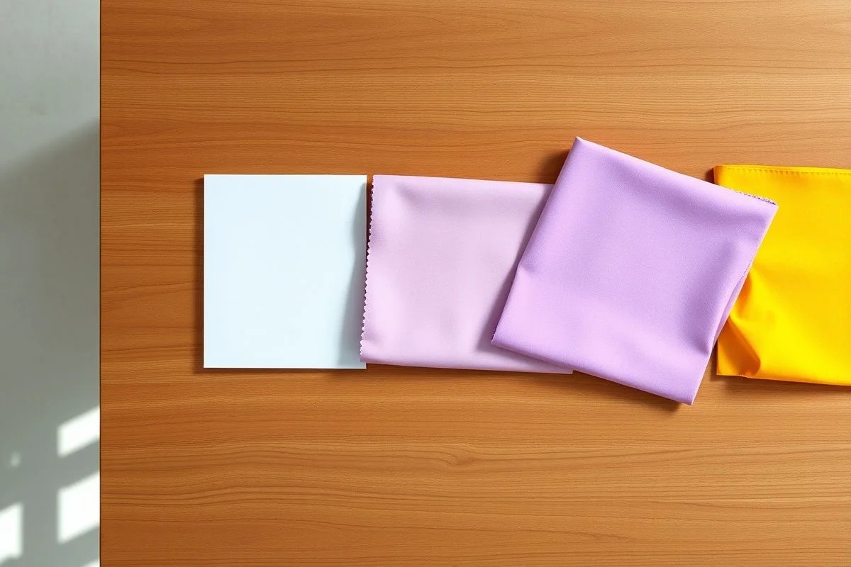Paleta de cores com tons de lavanda, branco, rosa pastel e amarelo vibrante.