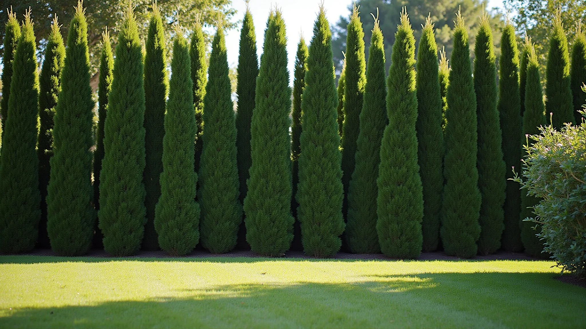 Cerca viva alta de Cipreste Italiano em um jardim bem cuidado.