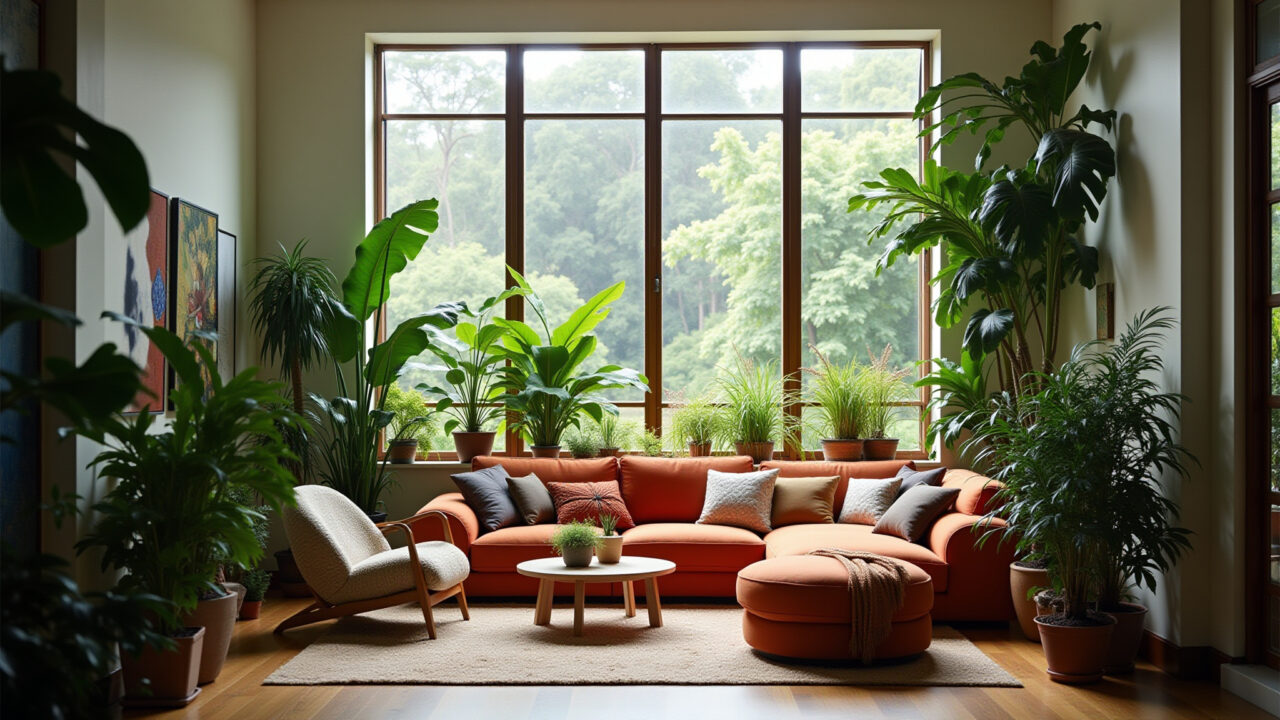 Plantas altas em ambiente com pé direito duplo.