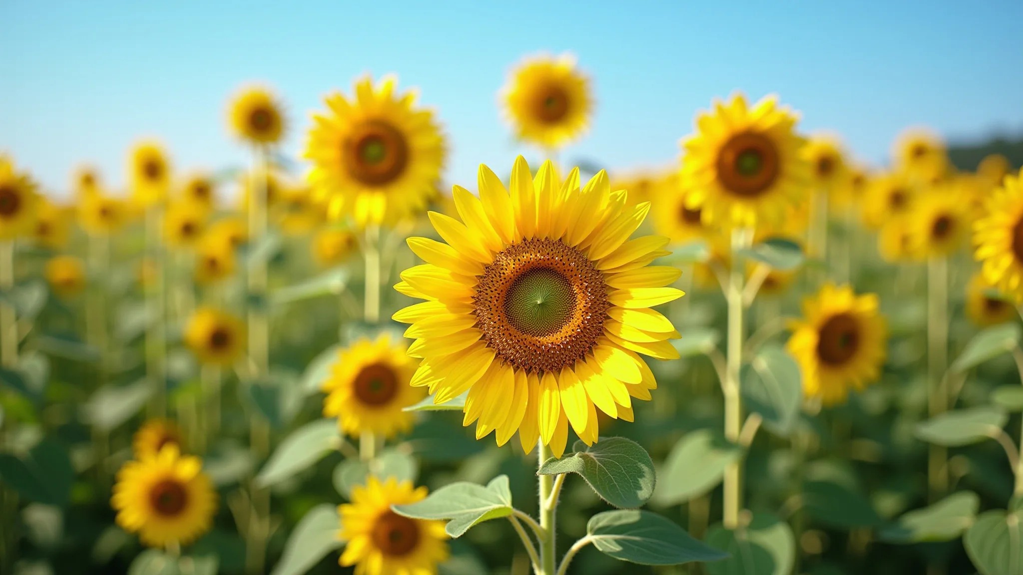 Girassóis altos (Helianthus annuus) em um campo ensolarado.