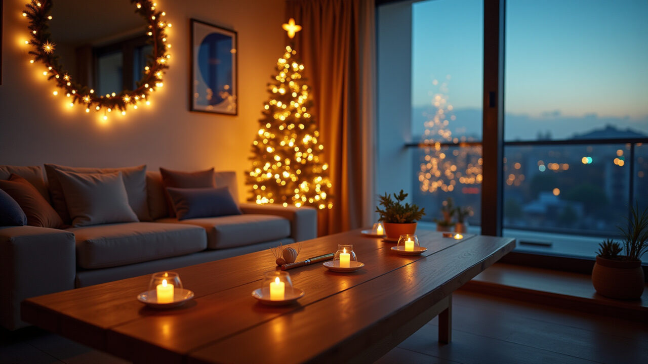 Decoração de Natal tecnológica com luzes controladas por aplicativo.