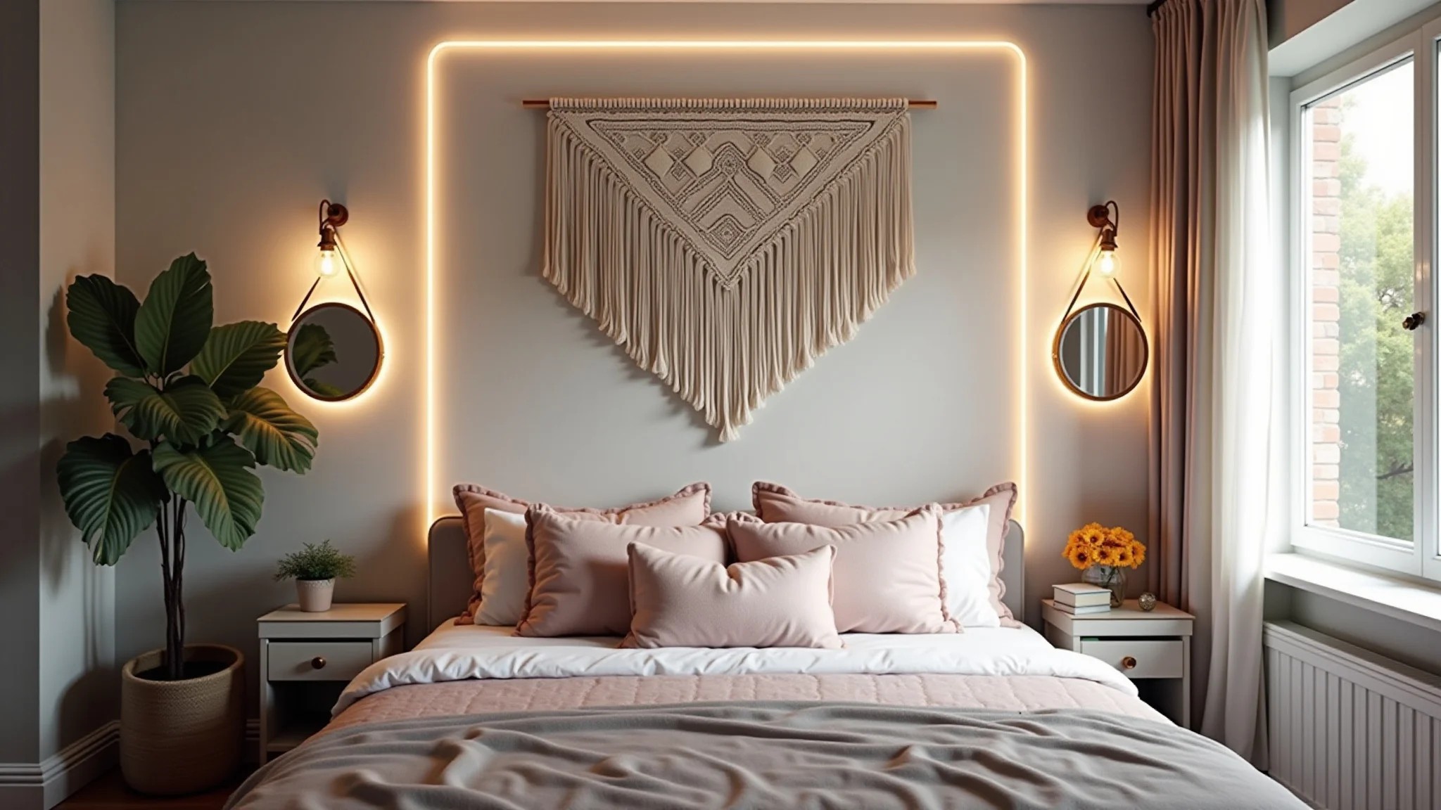 Decoração de parede de quarto de adolescente com macramê, espelhos e luzes de LED.