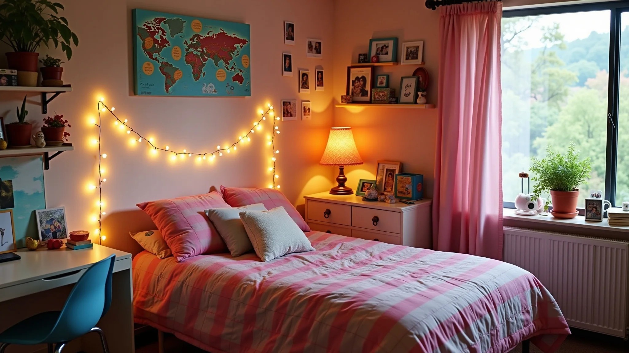 Quarto de adolescente feminino com decoração brasileira colorida, luzes e fotos.