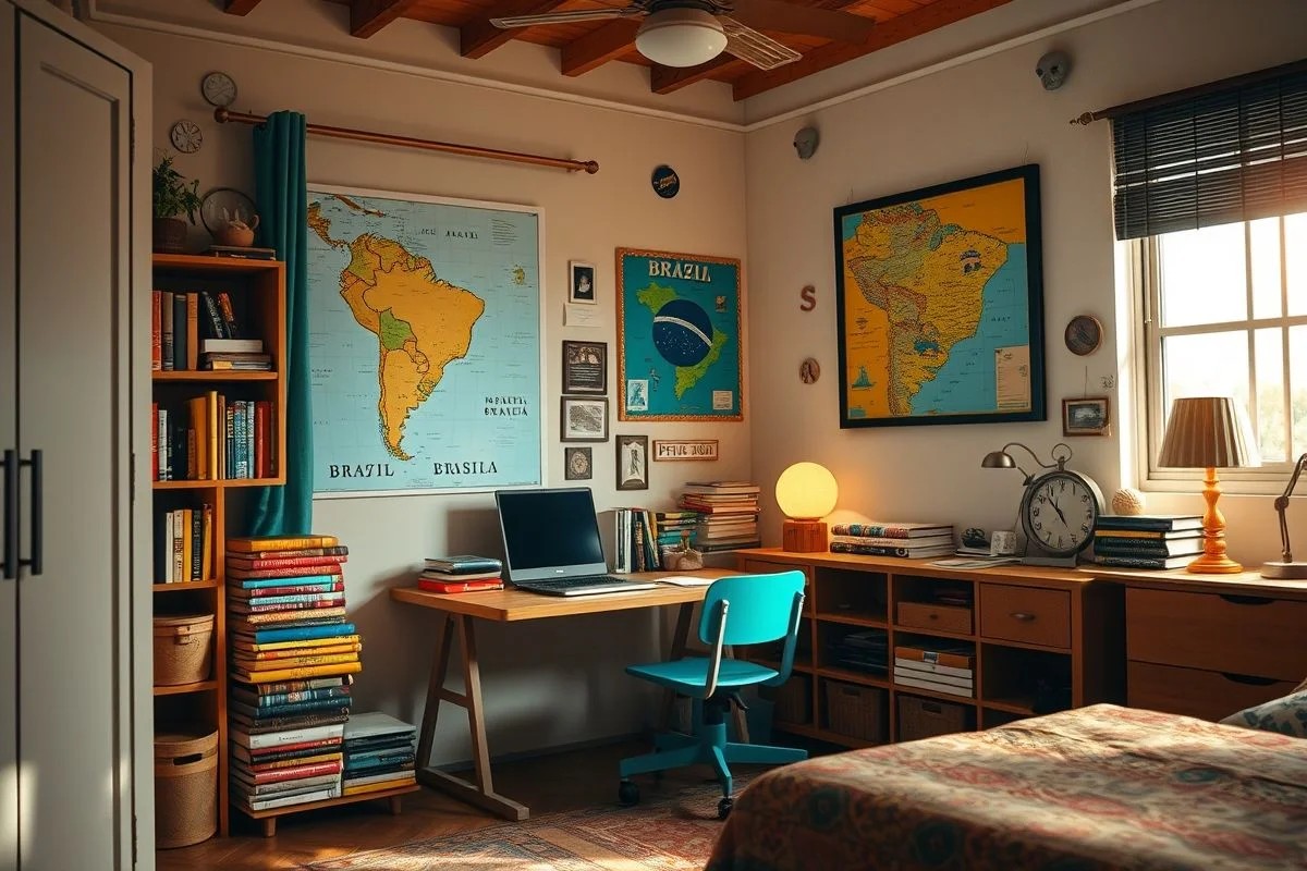 Quarto teen masculino com cantinho de estudos organizado e mapa do Brasil.
