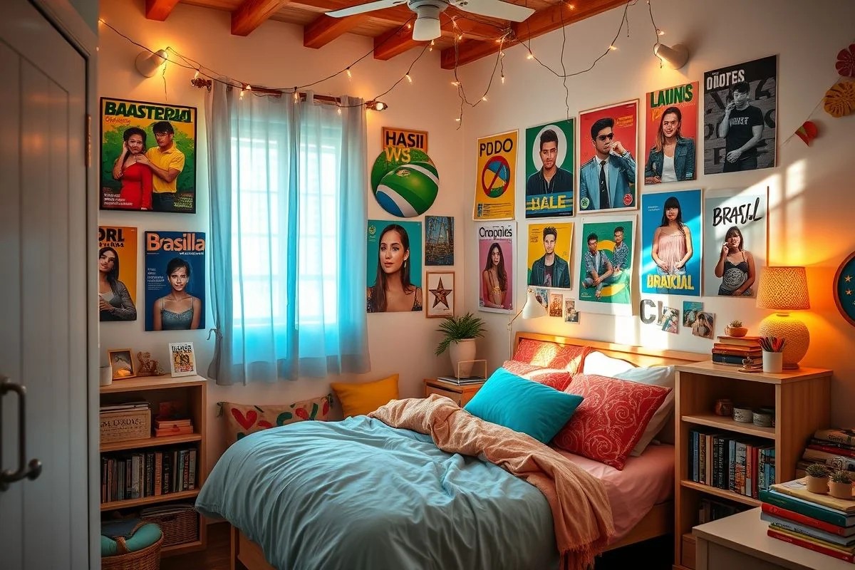 Quarto adolescente brasileiro aconchegante com cantinho de leitura iluminado e decoração personalizada.