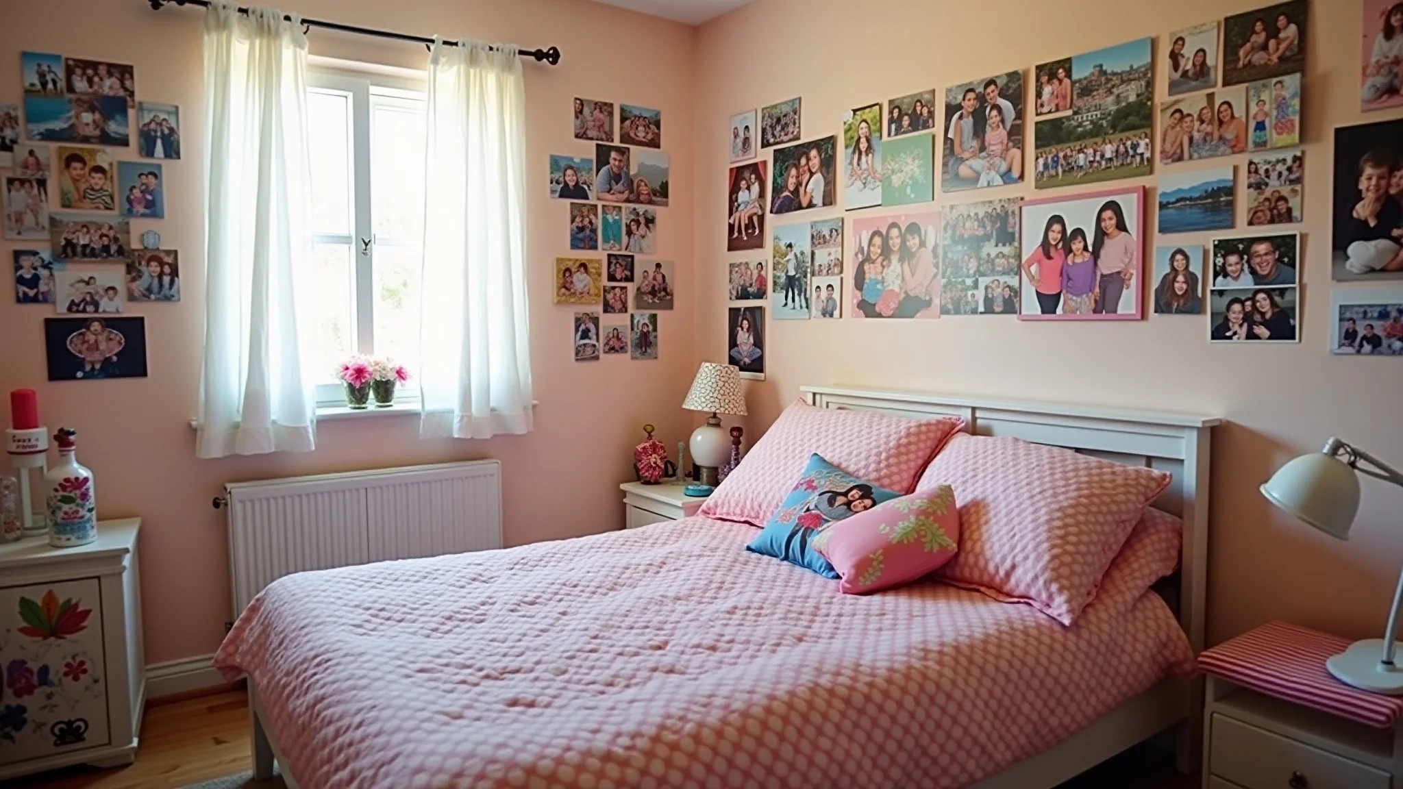 Quarto de adolescente com colagem de fotos personalizada, pôsteres coloridos e decoração criativa.