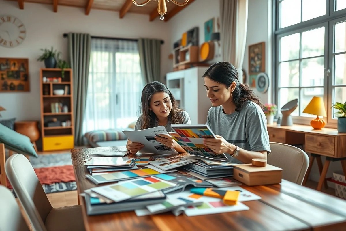 Mãe e filha planejando decoração de quarto teen com amostras de cores e catálogos.