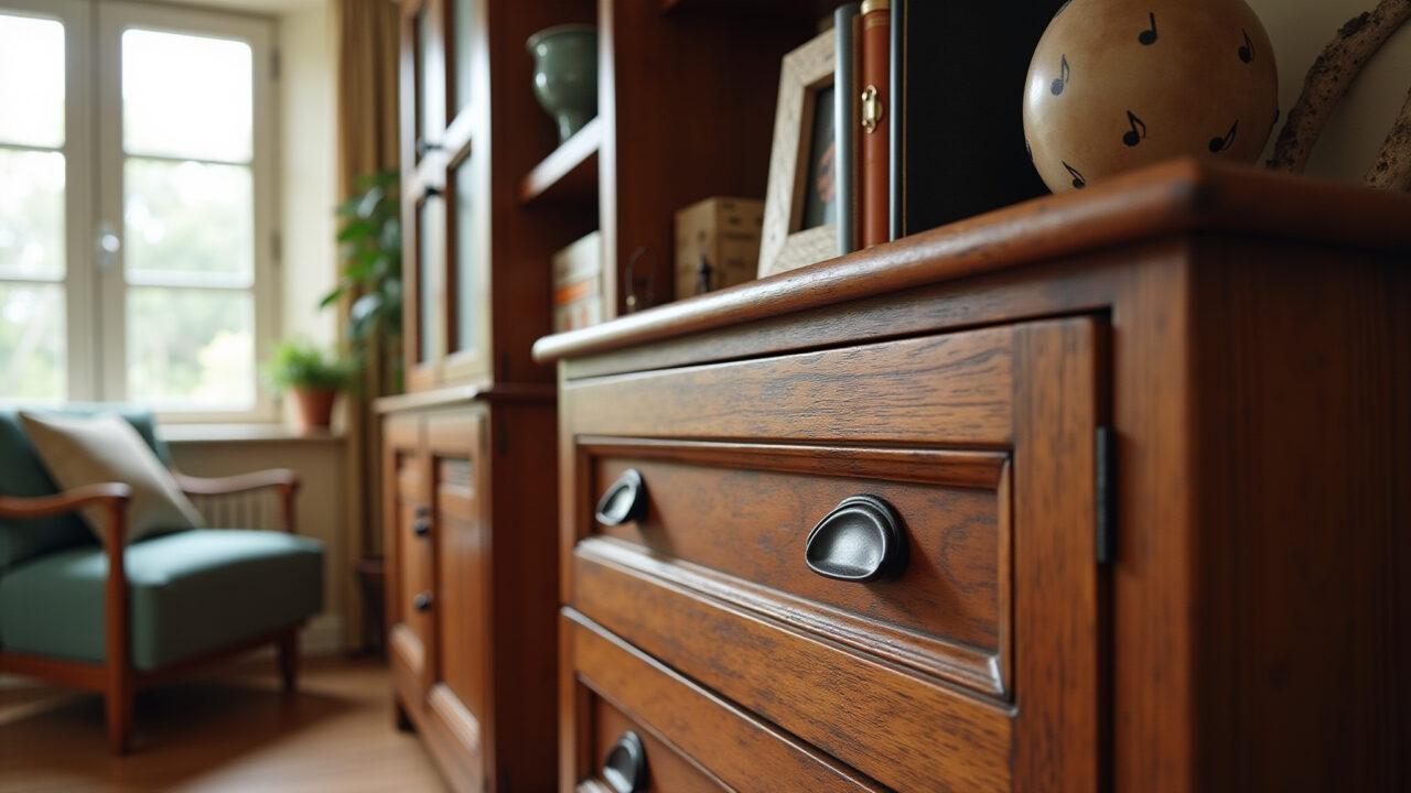 Themed cabinet with musical note pulls in a musician's Brazilian room, professional photography, Armário temático com puxadores de notas musicais.