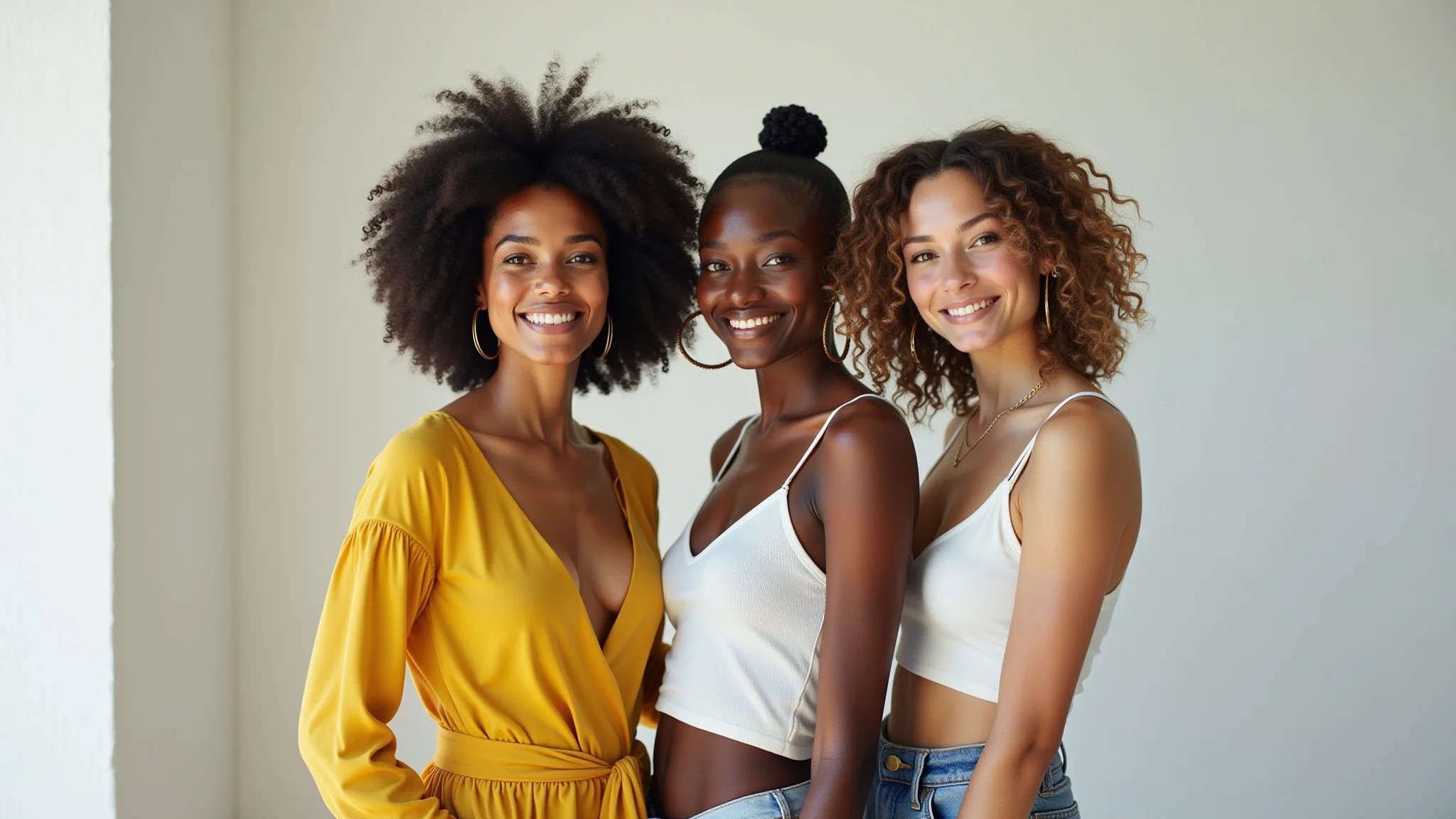 Três mulheres brasileiras com looks minimalistas versáteis e acessórios. Foto profissional.