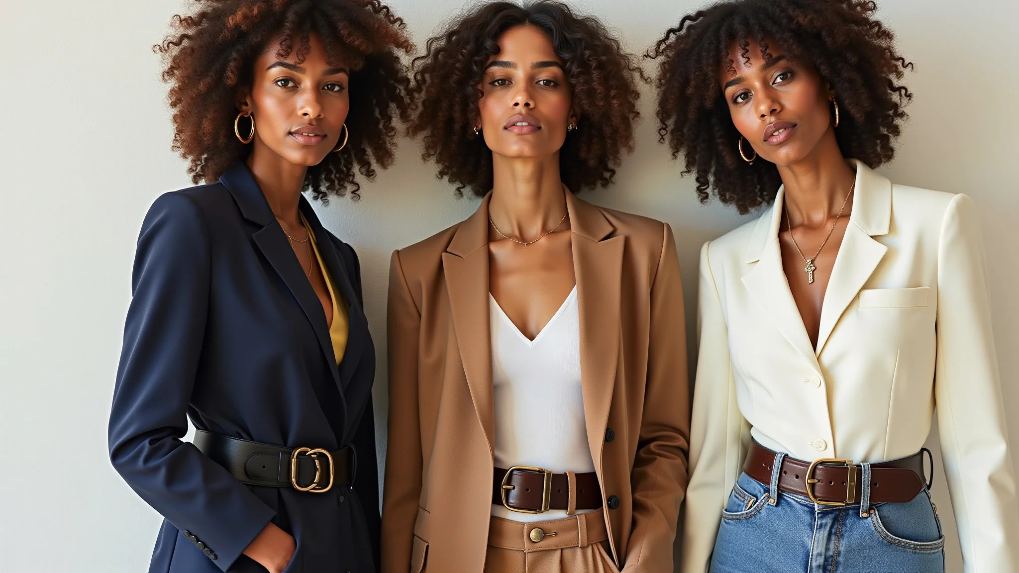 Três mulheres brasileiras com blazers e cintos largos, estilos variados.