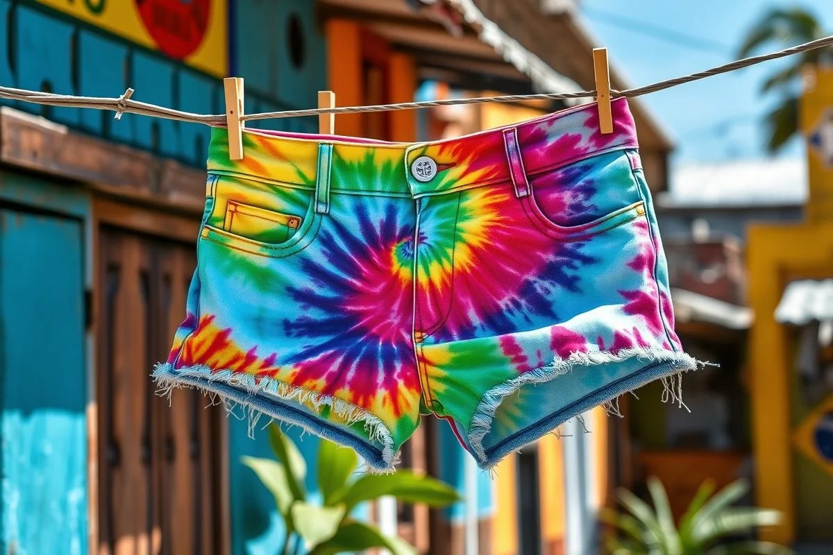 Short tie-dye pendurado no varal em favela colorida. Customização vibrante no Brasil.