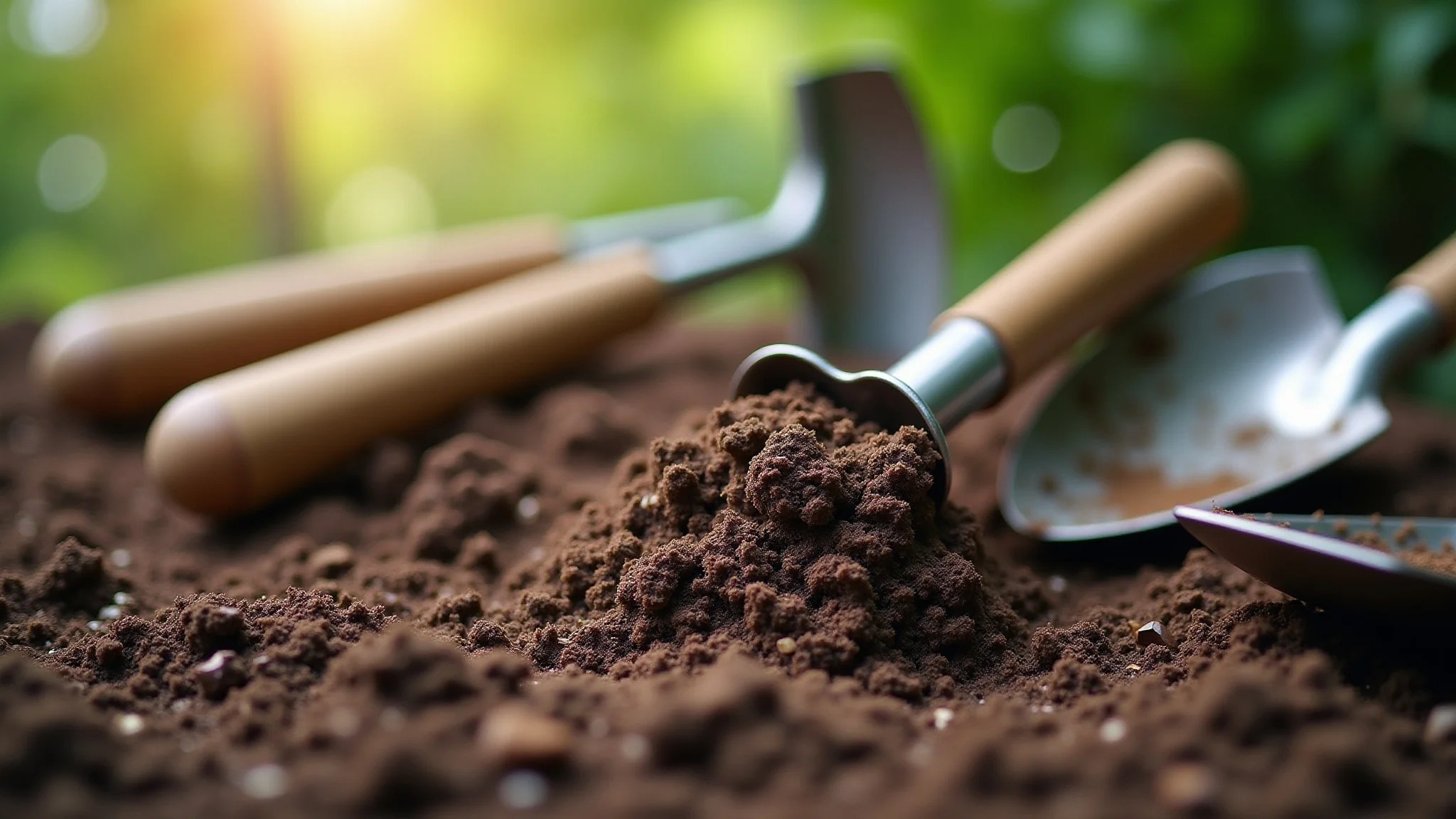 Ferramentas para preparar o solo da horta orgânica: enxada, ancinho, pá e composto.