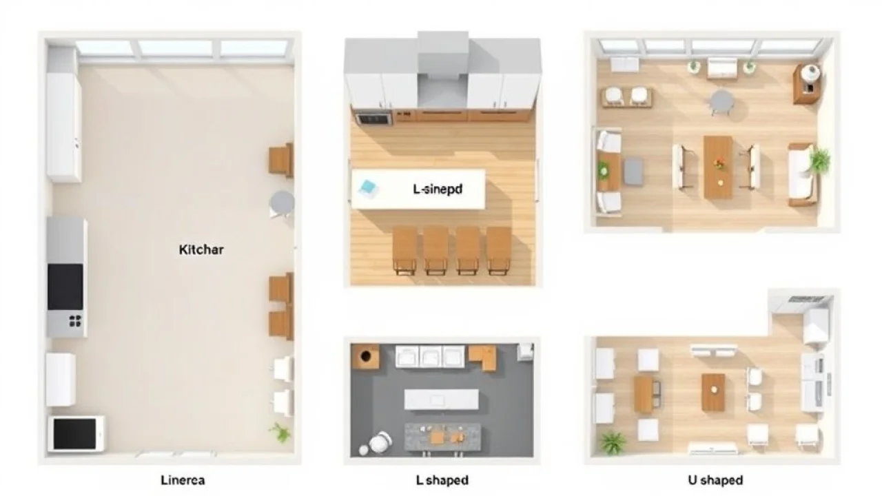 Ilustração de diferentes layouts de cozinha: linear, em L, em U e com ilha.