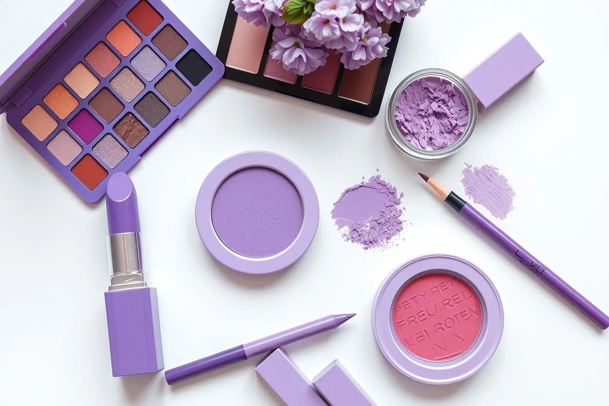 Produtos de maquiagem lilás: paleta, batom, blush e delineador.