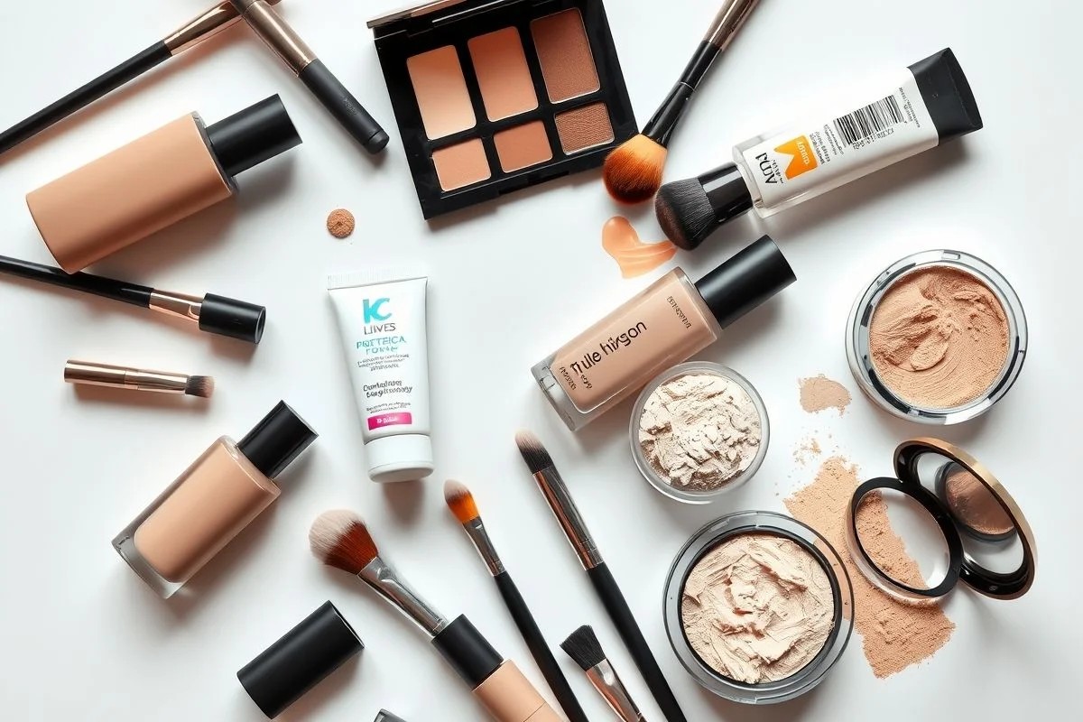 Produtos de maquiagem: base, pincéis, primer e pó.