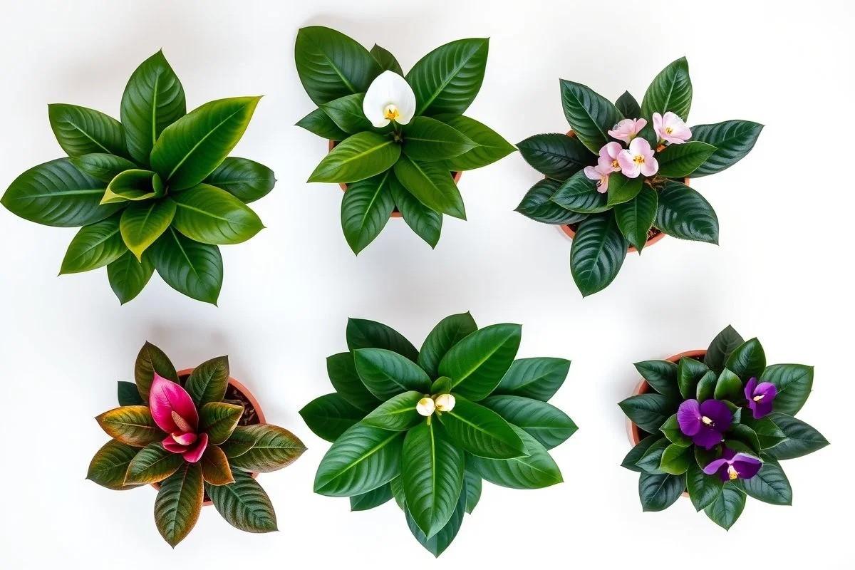 Coleção de Zamioculcas, Lírio da Paz, Orquídea, Antúrio e Violeta Africana em vasos.