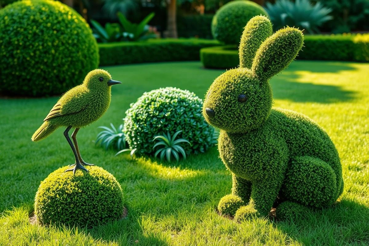 Buchinhos podados em formato de animais em um jardim brasileiro.