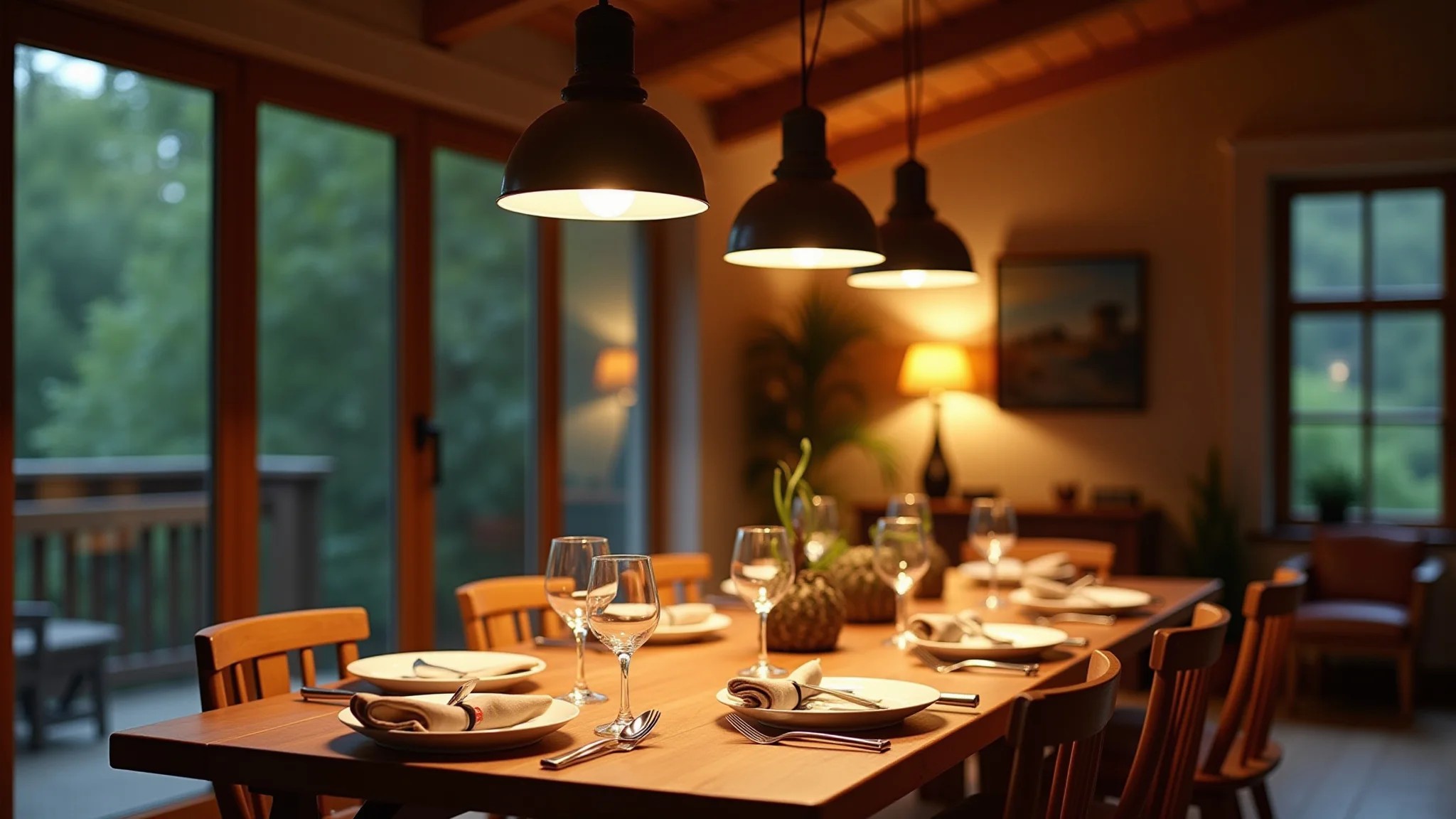 Iluminação com trilhos na sala de jantar, luz quente sobre mesa de madeira.