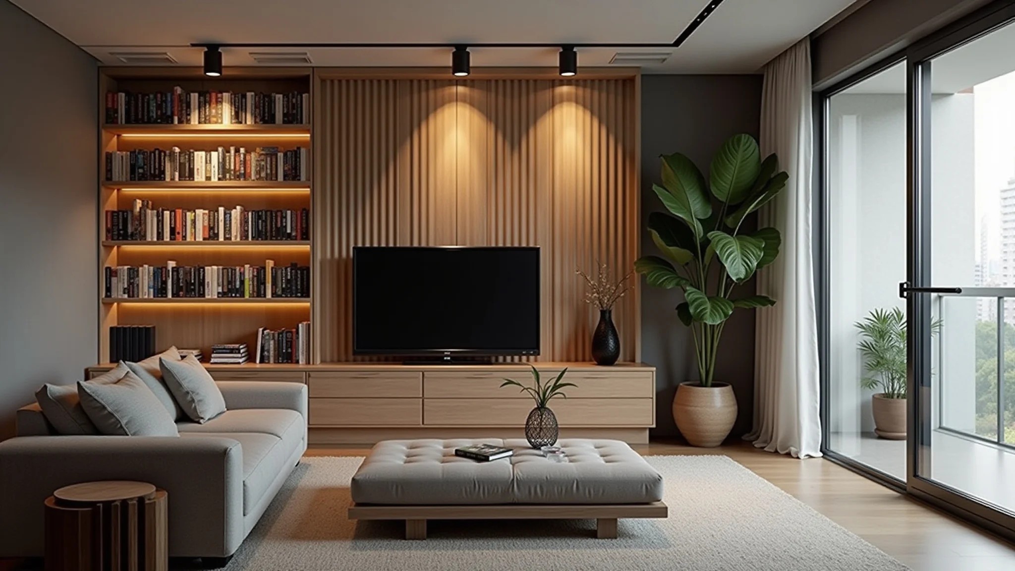 Iluminação com trilhos em apartamento moderno, destacando estante com literatura brasileira.