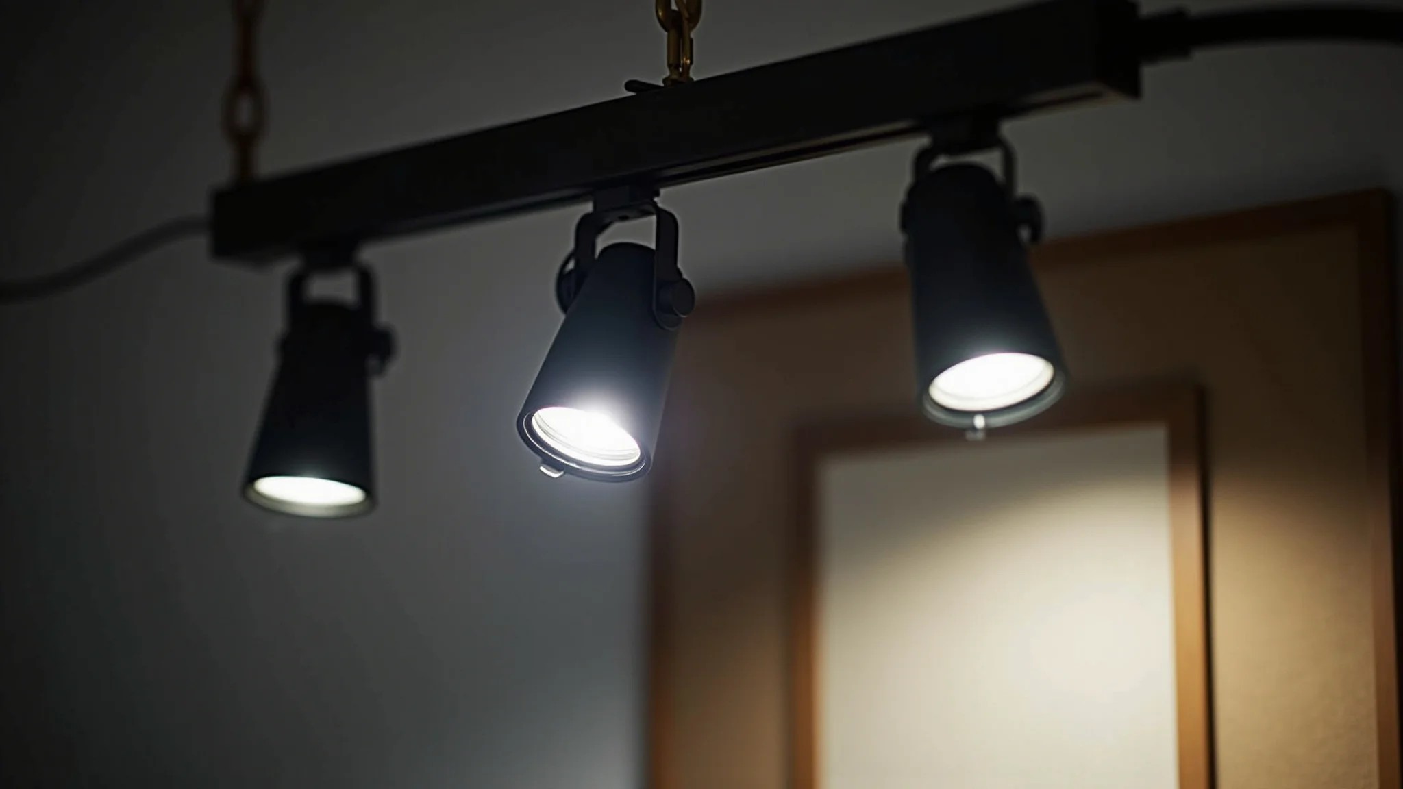 Sistema de iluminação com trilhos, close-up em spots ajustáveis iluminando quadro.