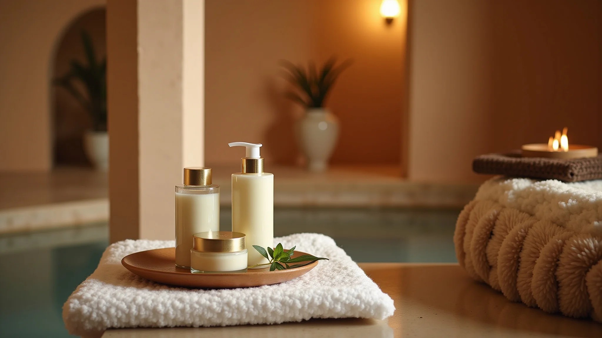 Hammam marroquino tradicional com produtos de beleza naturais.