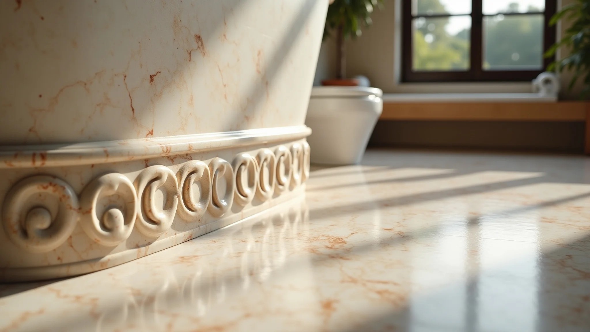 Detalhe de filete de mármore Travertino no piso de um banheiro com estilo aconchegante.