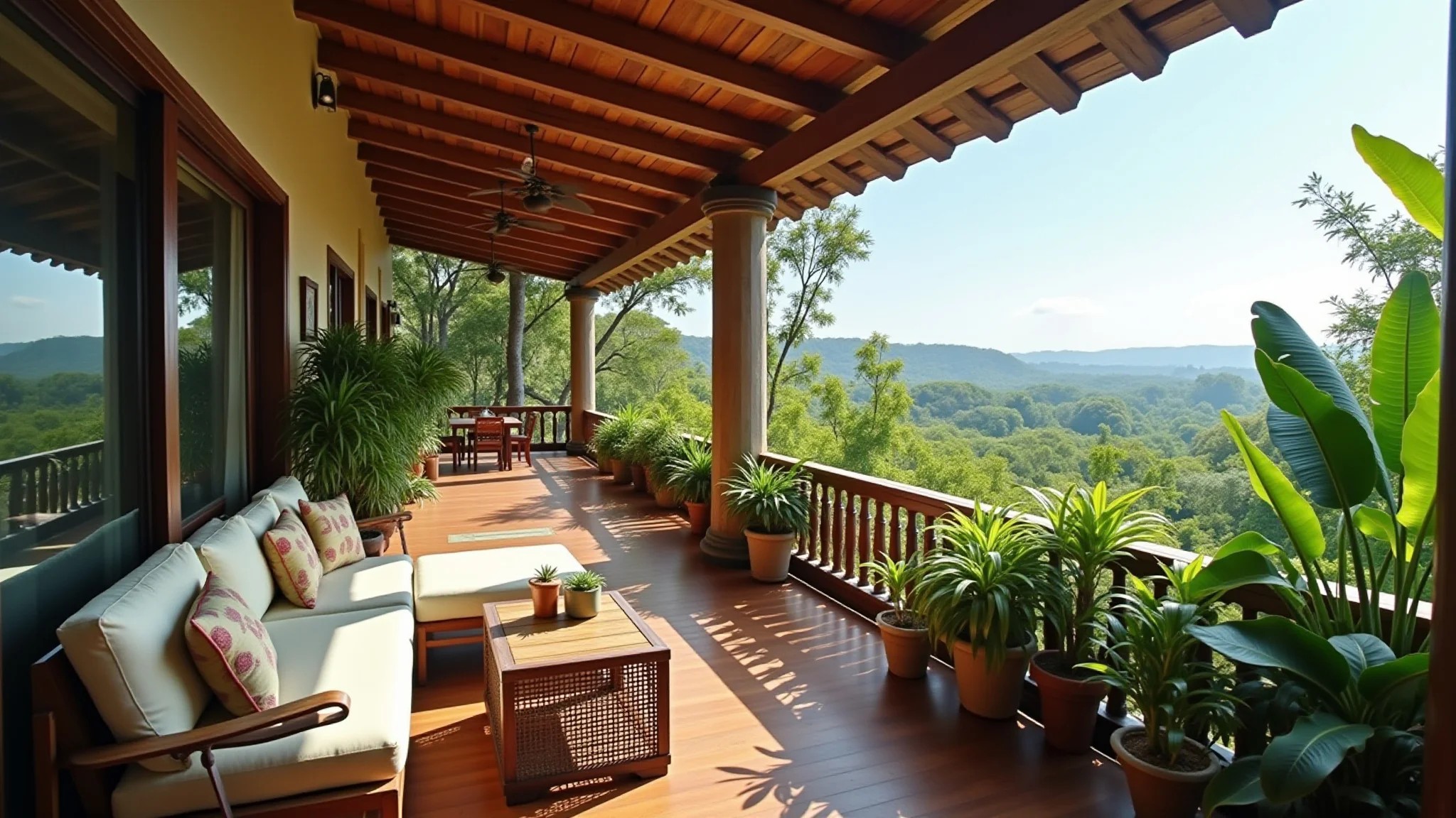 Varanda tropical com várias dracenas e móveis confortáveis.