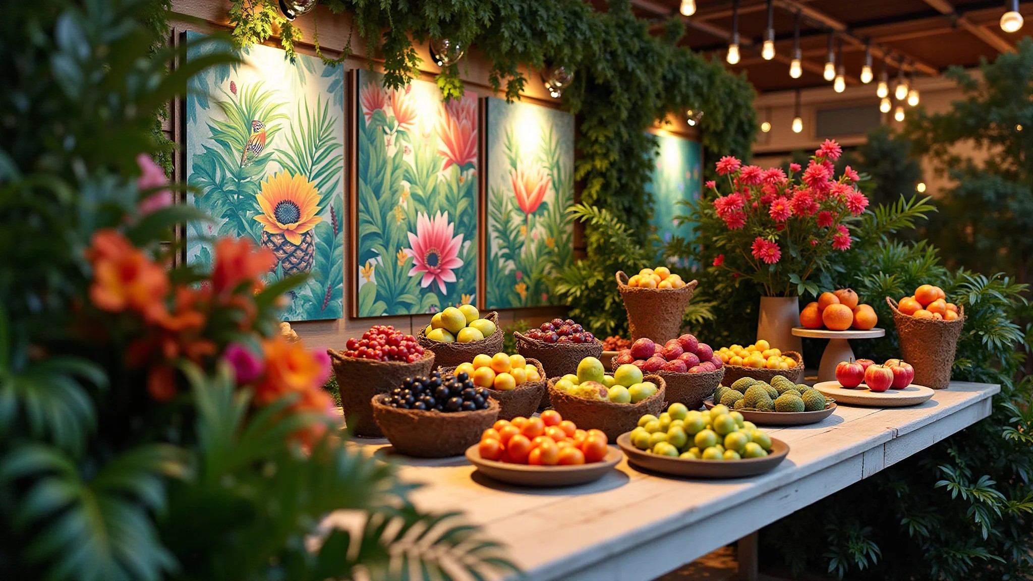 Festa tropical no jardim com estampas de folhagens e frutas tropicais.