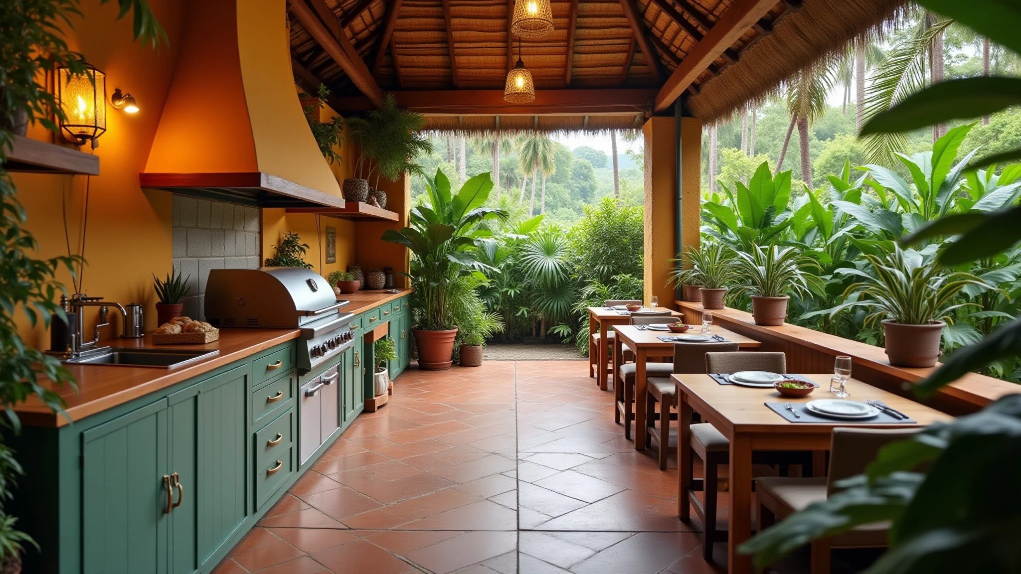 Área gourmet tropical com churrasqueira, cores vibrantes e plantas.