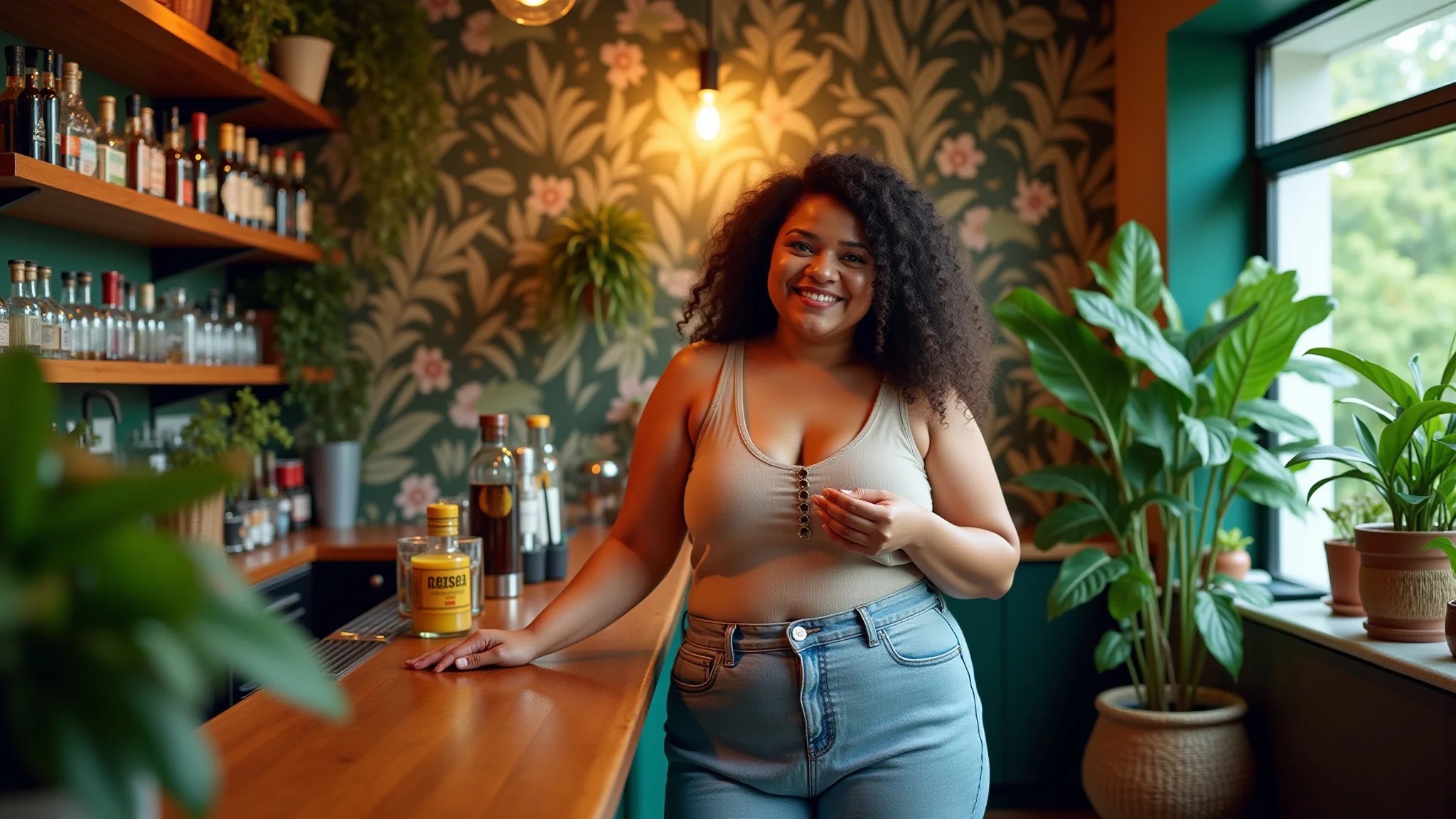 Bar tropical com plantas e cores vibrantes. Decoração alegre e convidativa.