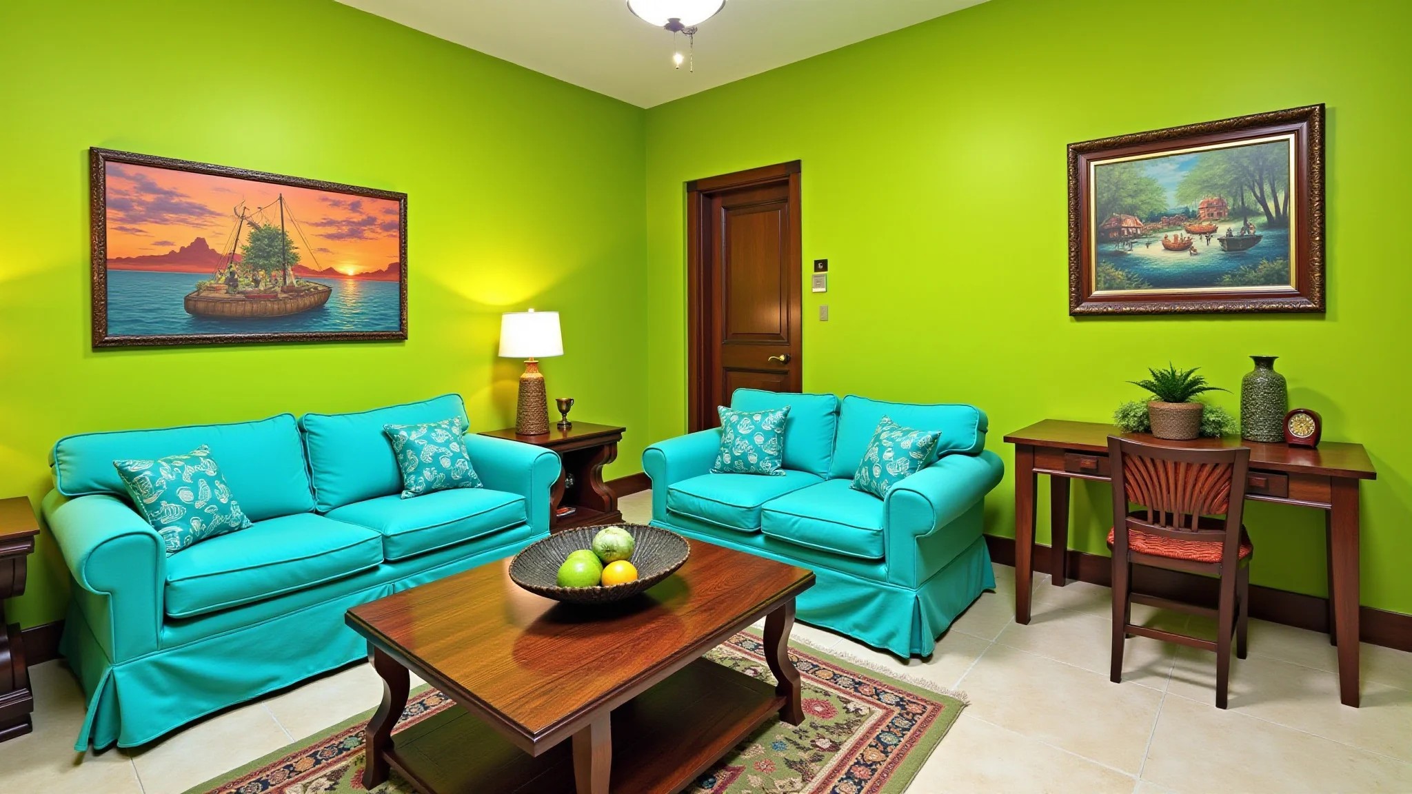 Sala tropical com parede verde limão e móveis turquesa, arte brasileira.